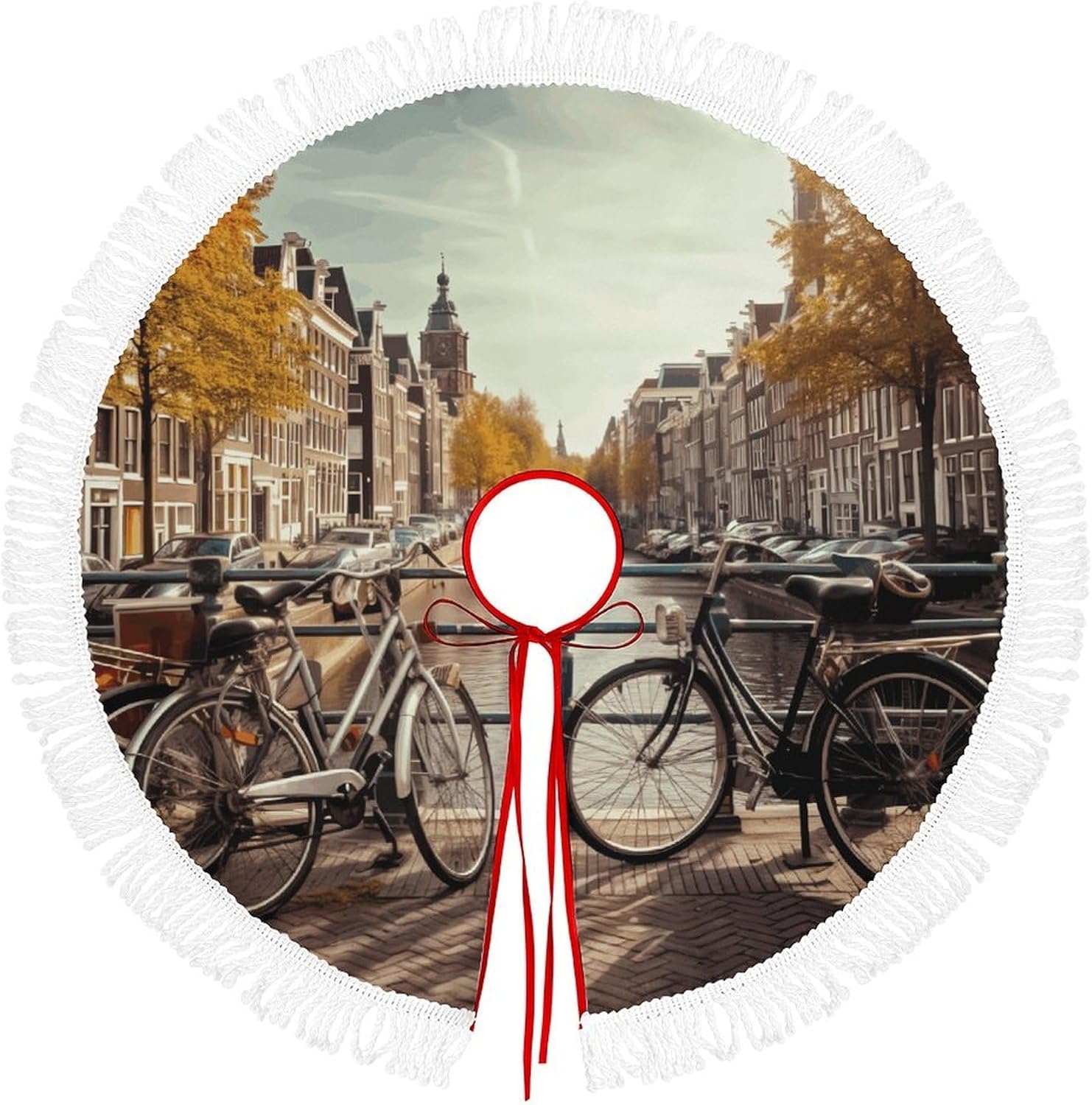 Bicycles in Amsterdam Christmas Tree Skirt with Tassels Winter Holiday Tree Mat Decoration Xmas Tree Skirts Christmas Ornament for Home Seasonal Decor