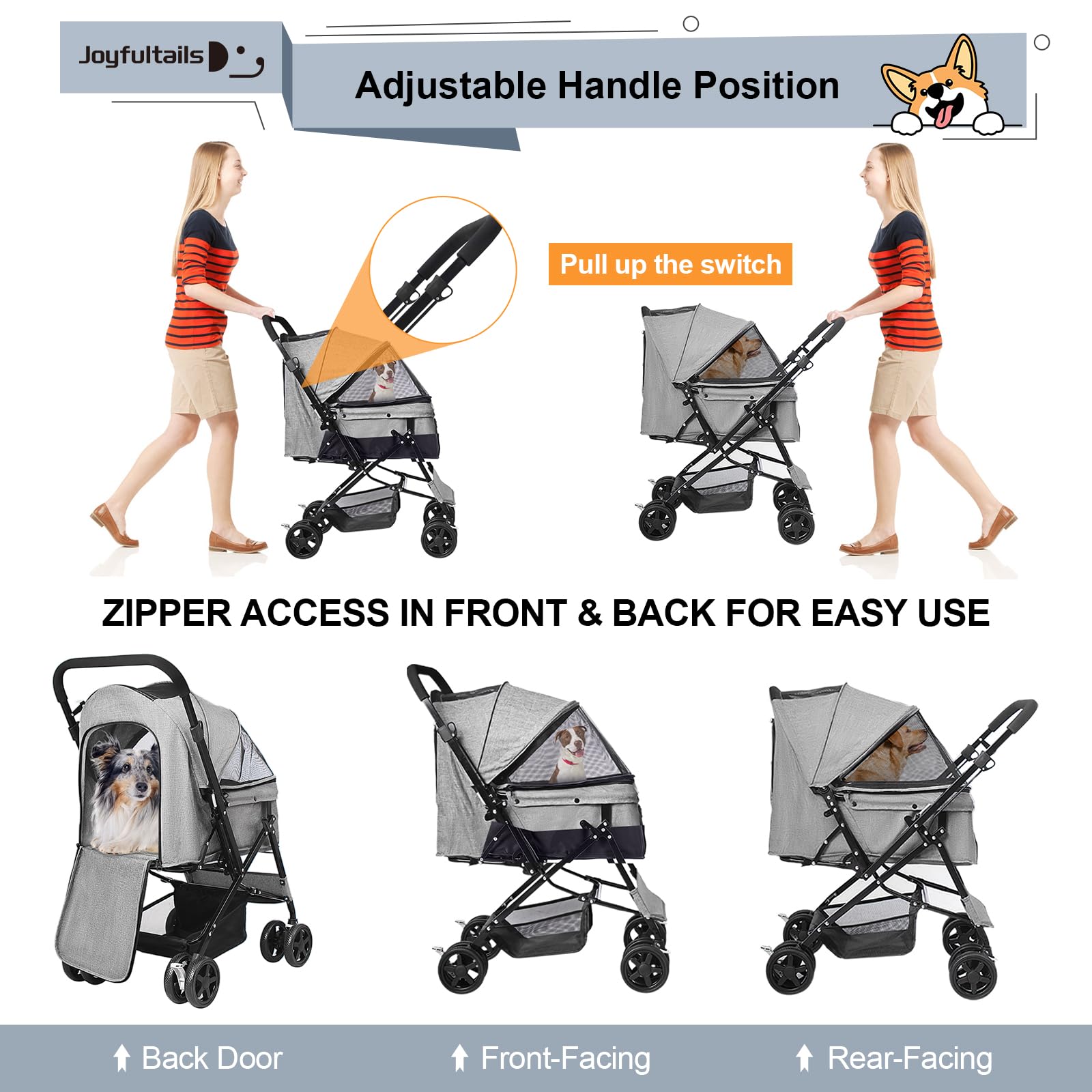 Poussette Pliable Chien/Chat 20kg Capacité - Buggy Tout Terrain avec Toit Amovible, Poignée Ergonomique et Roues Verrouillables & Housse Imperméable, Gris