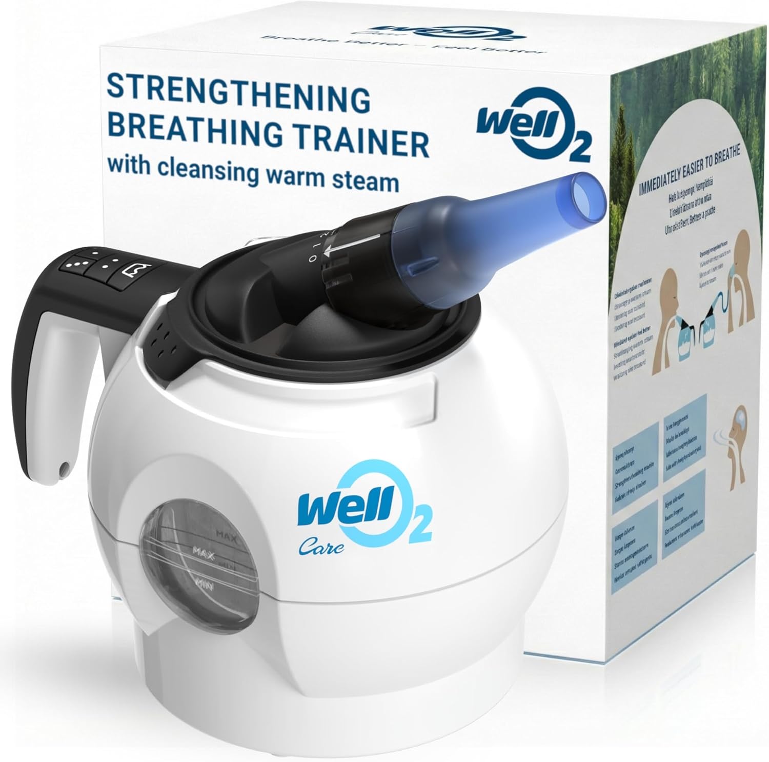 Breathing Trainer | Unique Patented Warm Steam + Adjustable Resistance | Comfortable Breathing Routine | App-Guided Sessions | Complete Breath Trainer Set with 3 Mouthpieces & Nasal Mask