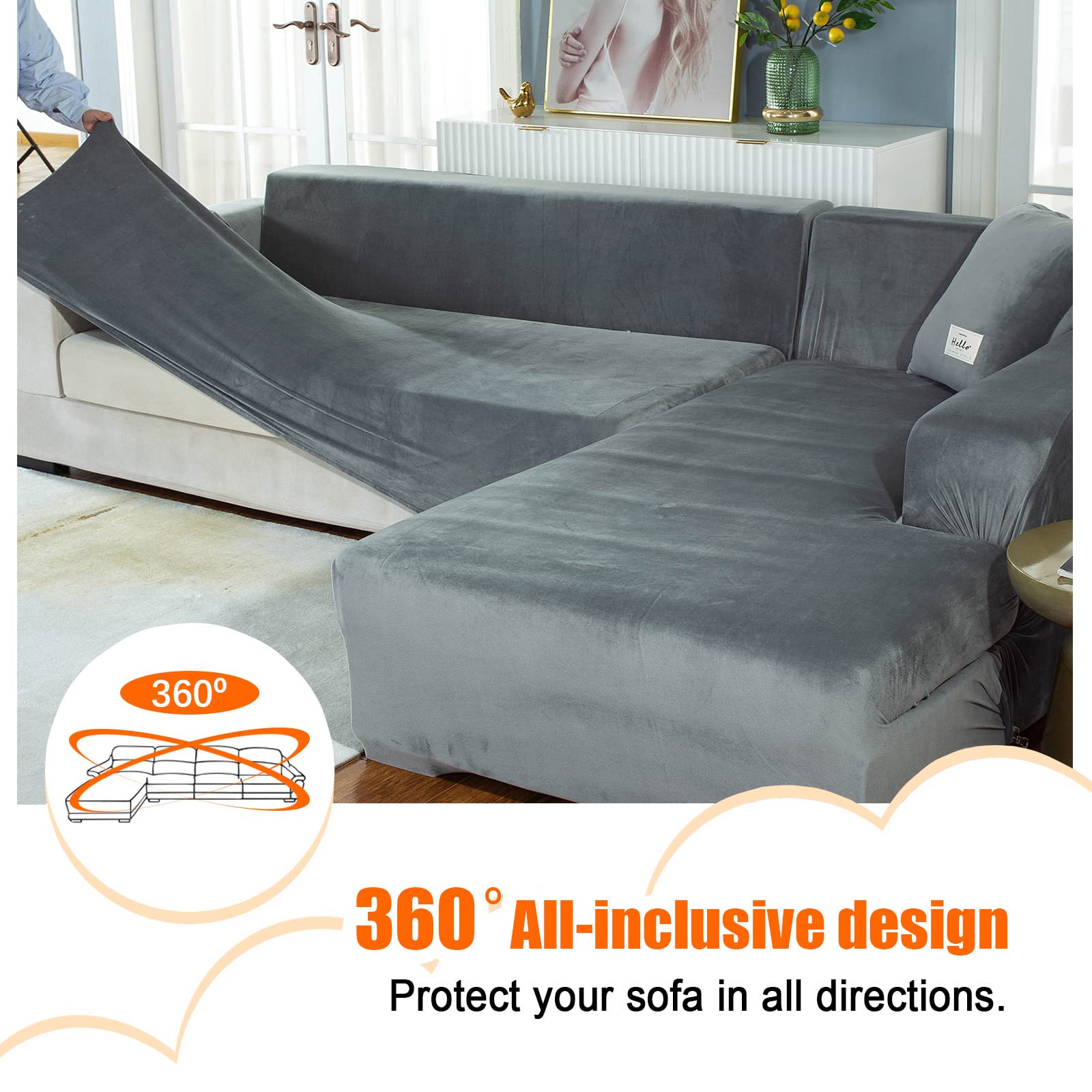 GKXLH Housse de canapé 3 places en forme de L en velours doux pour canapé 3 places + 4 housses de coussin pour canapé sectionnel en forme de L (gris, 3 + 3 places)