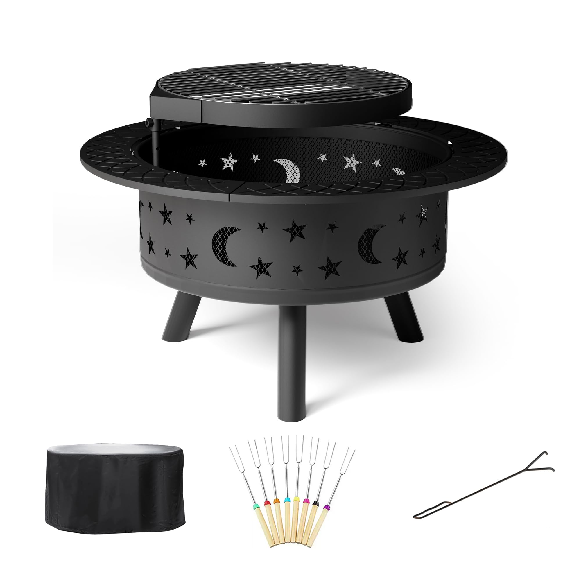 35IN Fire Pit, Wood Burning Firepits for Outside with Poker & Adjustable Grill, Metal Round Bonfire Fire Pit Perfect for Outdoor, Backyard & BBQ