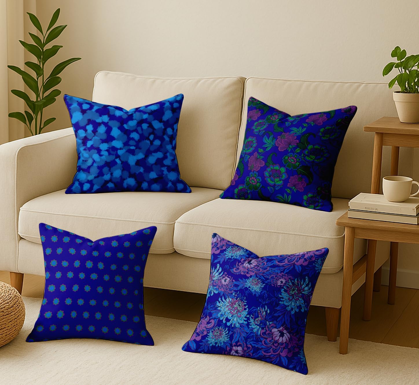 Floral Design, Decorative Cushion Covers Set of 4-16x16 Inch, 100% Cotton, Printed on Both Sides, Hidden Zipper, Blue