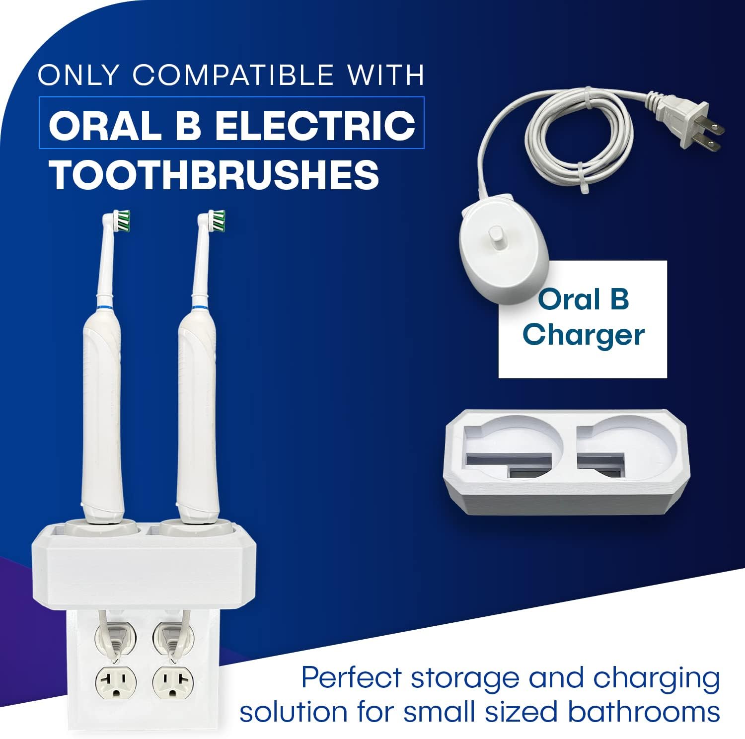 Electric Toothbrush Holder, Wall Mount, Compatible with Oral-B, Holds 2 Chargers, Mounts on Double Duplex Outlet ONLY. (Charger/Brushes NOT Included), White, OB2C-DSDV
