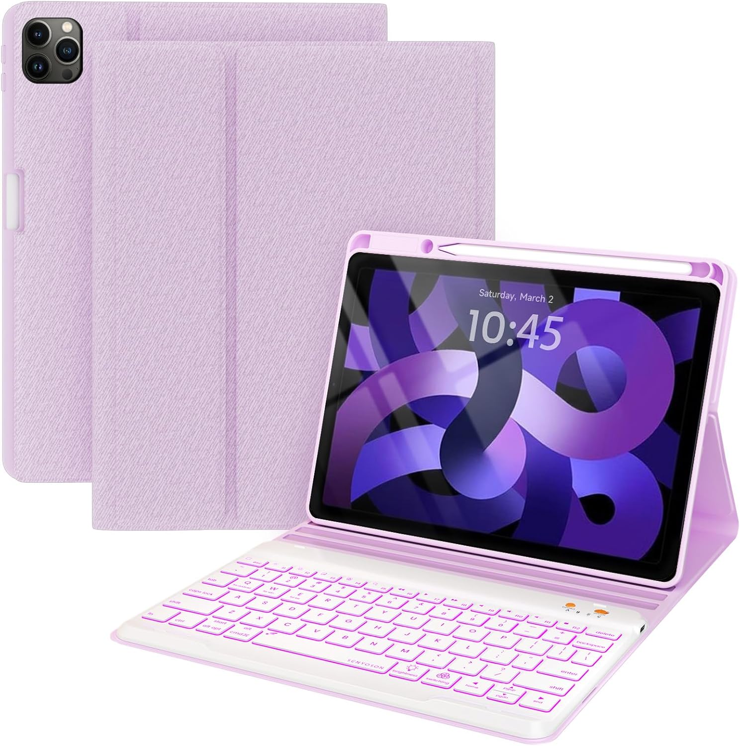 Keyboard case for ipad Air 11 inch(M2 2024)/10.9 Inch Air 5th 4th Generation & iPad Pro 11 inch (1st/2nd/3rd/4th Gen)-Backlit Detachable Keyboard, Folio cover with upper easily Pencil Holder-(Purple)