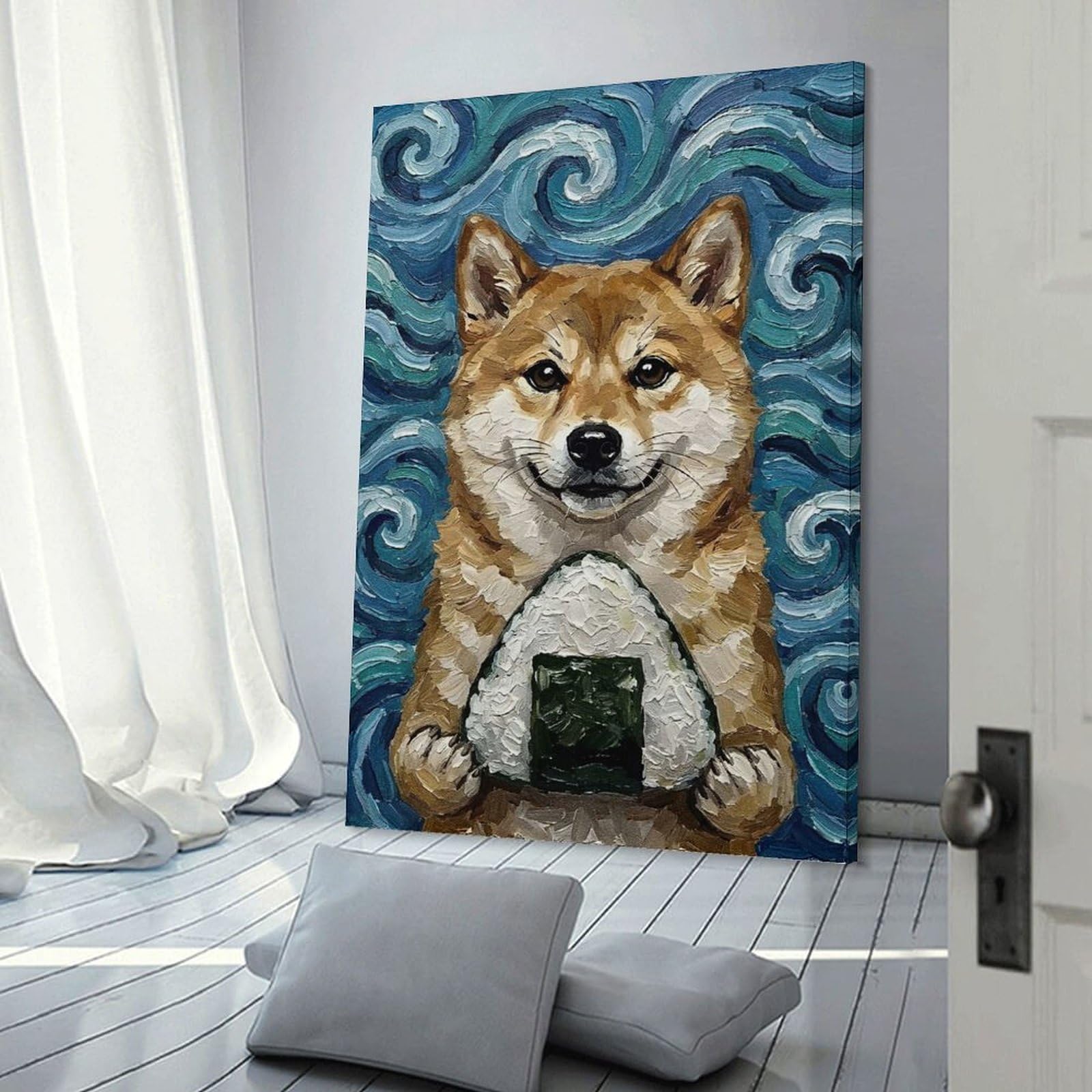 Junmoney Frame-Style-2 Shiba Inu With Onigiri Painting Wall Picture Print, 20X30inch(50X75cm), For Lounge, Study, Hallway Or Flat Walls, Canvas Wall Art That Fits Changing Layouts