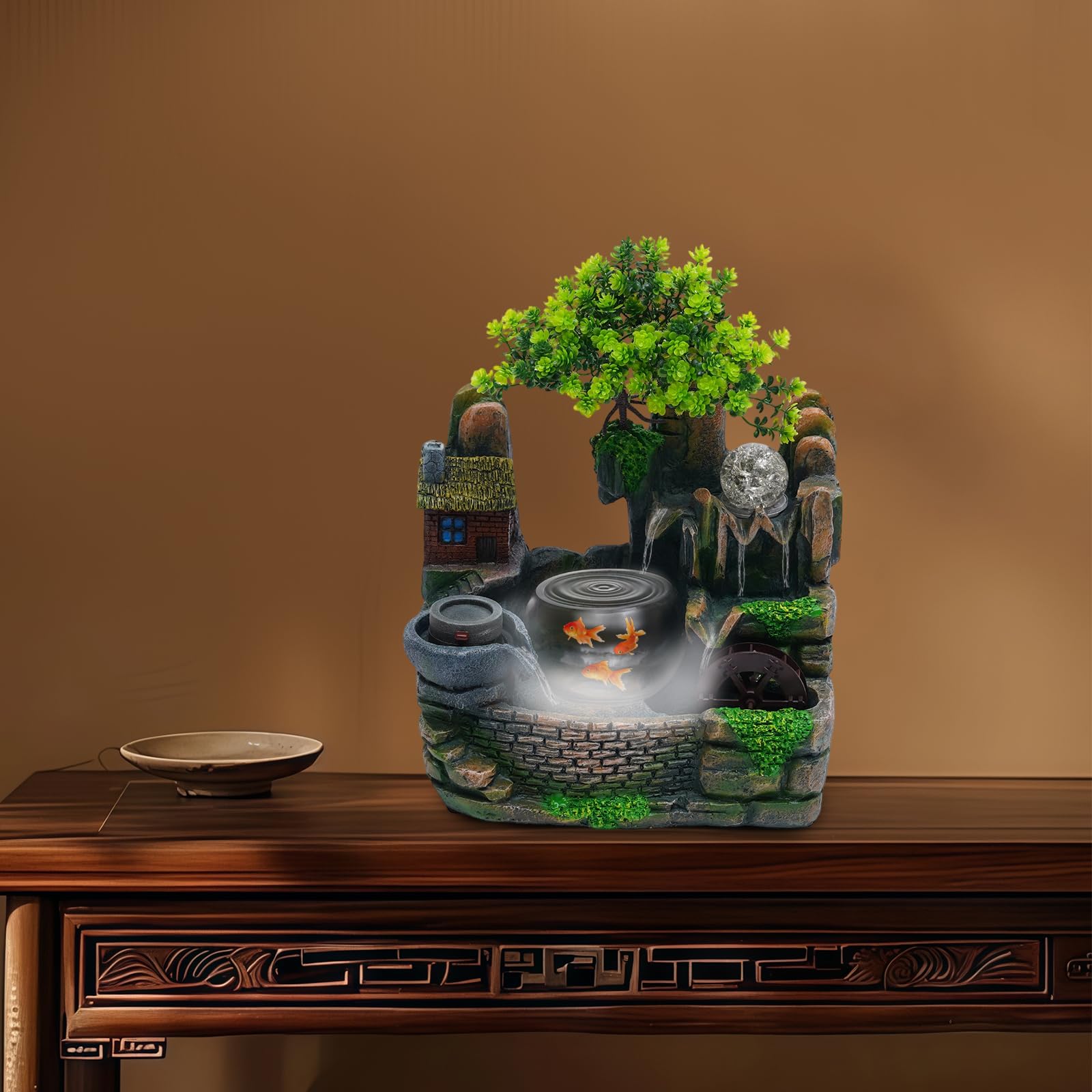 Fontana per interni con illuminazione a LED, fontana da tavolo, cascata con bacino per pesci e pompa dell'acqua, per soggiorno, corridoio, ingresso, ristorante, libreria, ufficio, 30 x 36 cm (D)