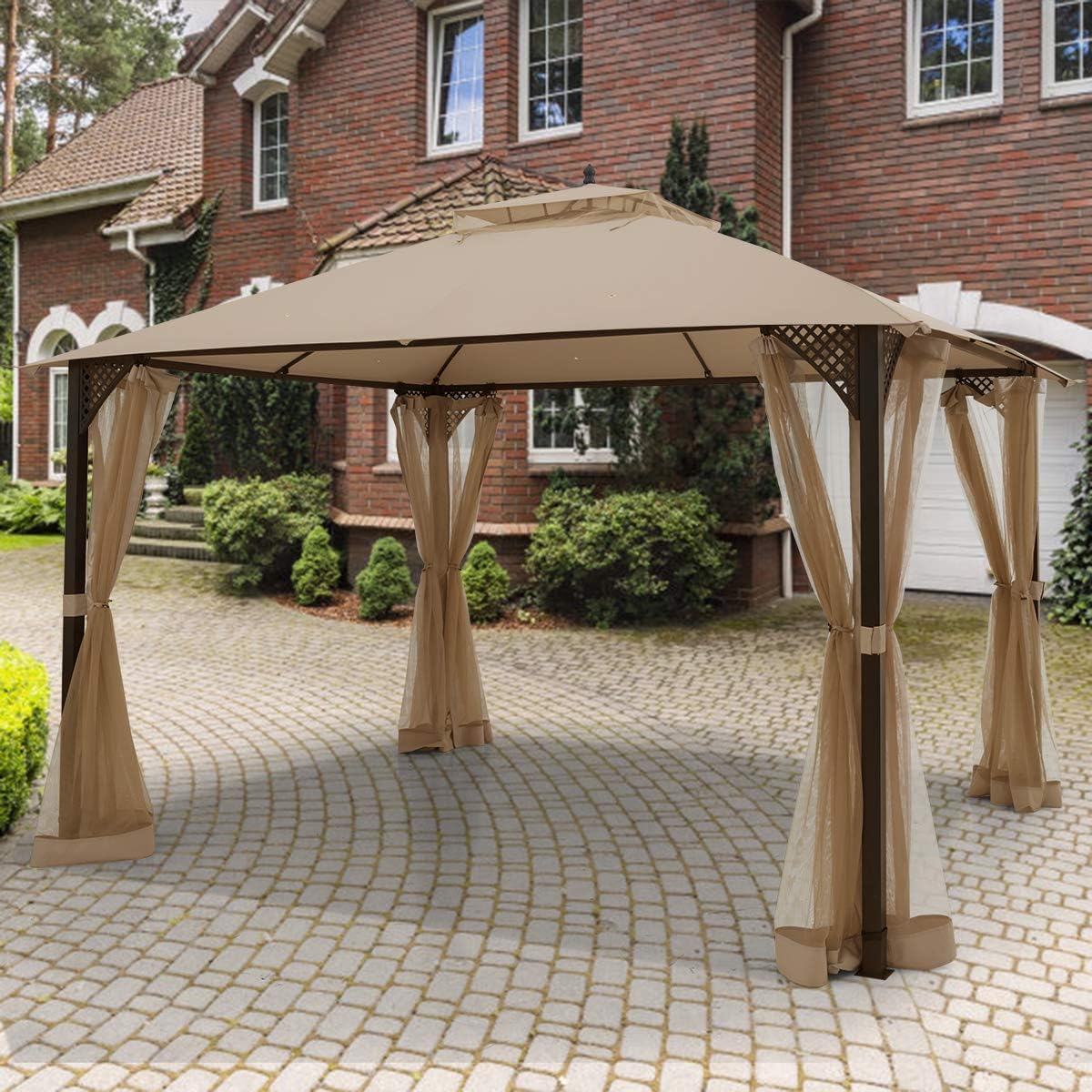 Tangkula 10x12 Ft Patio Gazebo with Netting, Outdoor Gazebo with Double Vented Roof, Mesh Sidewalls, Top Hook, Heavy Duty Steel Gazebo for Garden, Lawn, Deck, Backyard (Brown)