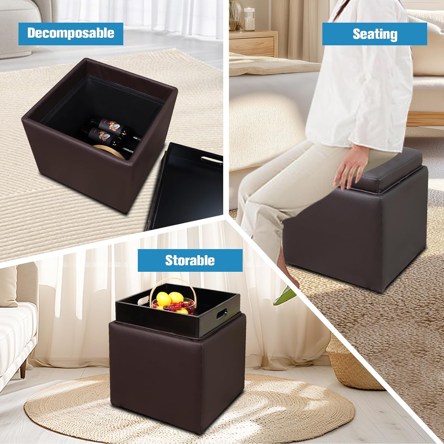 PRIVATE GARDEN Square Storage Ottoman with Tray, Faux Leather Upholstered Footrest Stool, Seat as Side Table Coffee Table for The Living Room, Bedroom, Contemporary (Black Brown/Dark Brown)