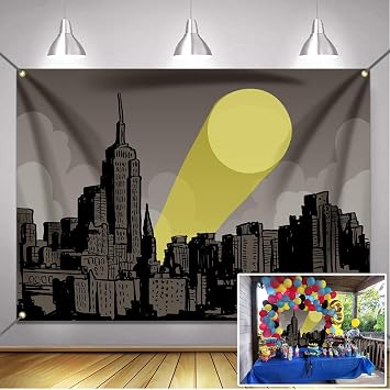 Bat Superhero City Scape Backdrop 6x4ft Full Moon Skyline Hero Party Polyester Banner Kid Adult Super Hero Birthday Party Cake Table Decoration Room Wall Decor Tapestry Photo Background