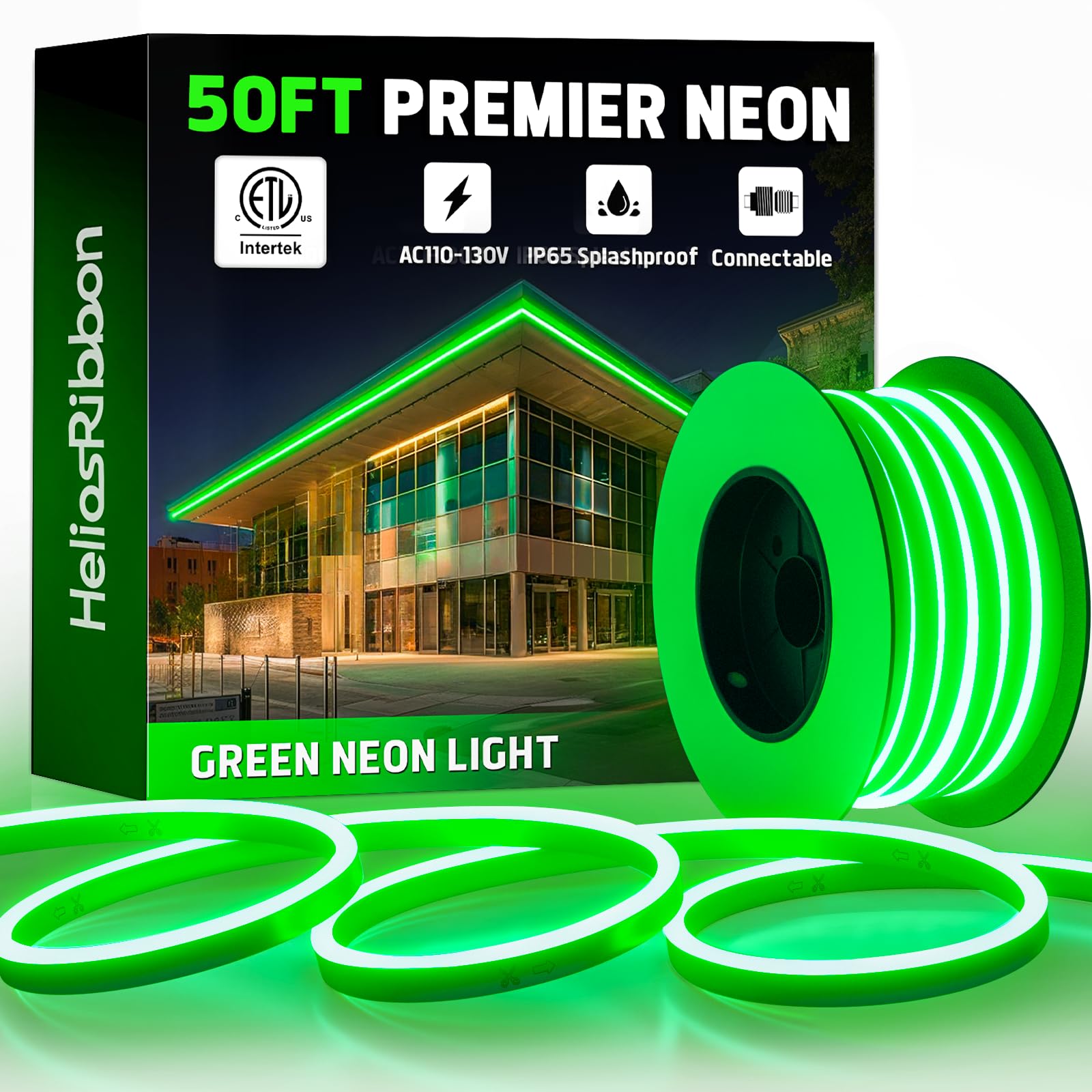 50FT Green LED Neon Rope Lights, ETL Listed 110-120V Flexible Neon Strip Outdoor IP65 Waterproof, Connectable and Cuttable, for Bar Pub Game Room Home
