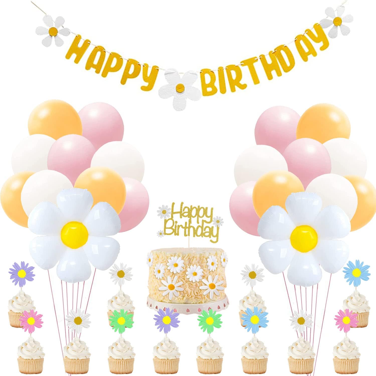 Daisy Flower Birthday Party Decorations Set with Daisy Happy Birthday Banner,Daisy Flower Cake Topper,Large Daisy Balloons for Daisy Themed Hippie Boho Girl Birthday Party Decorations