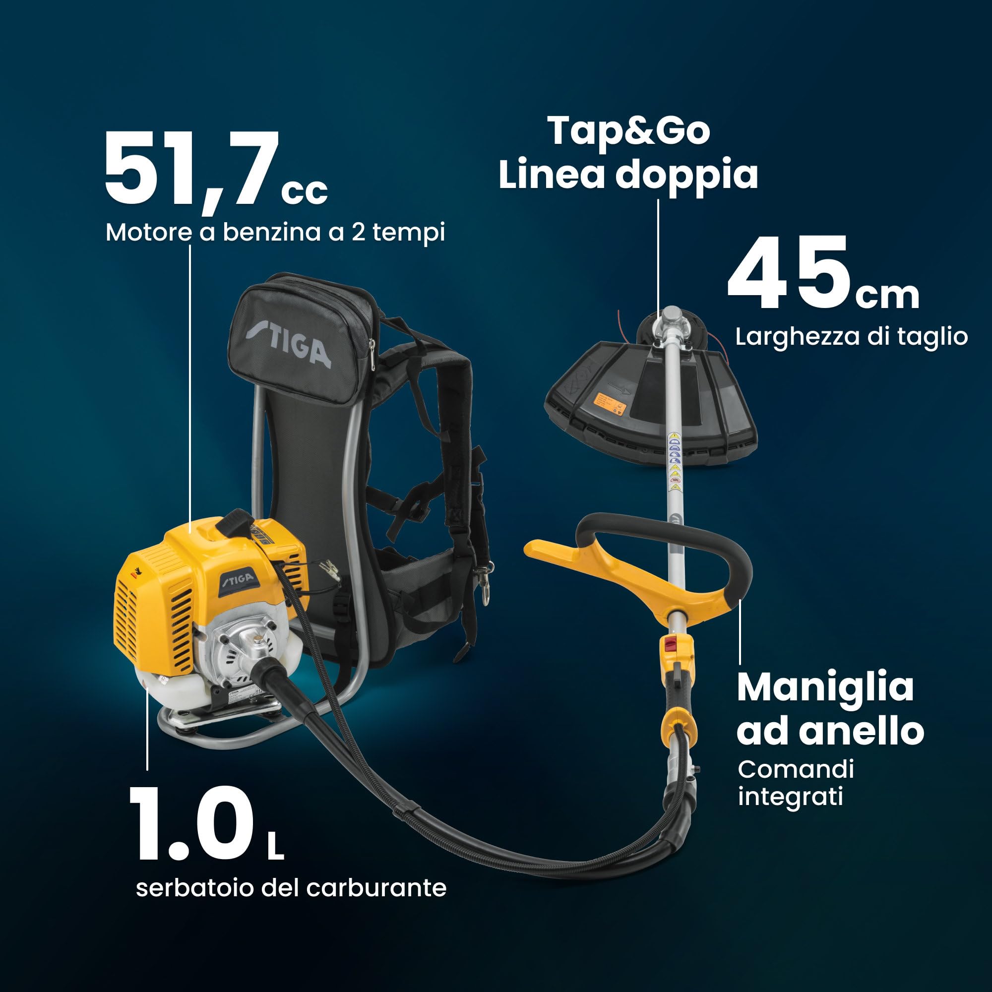 STIGA BC 555 R Decespugliatore a Zaino a Scoppio, 51,7 cc, 45 cm – Asta Flessibile, Testina Tap&Go + Lama 3T Incl. – Manutenzione Spazi Verdi