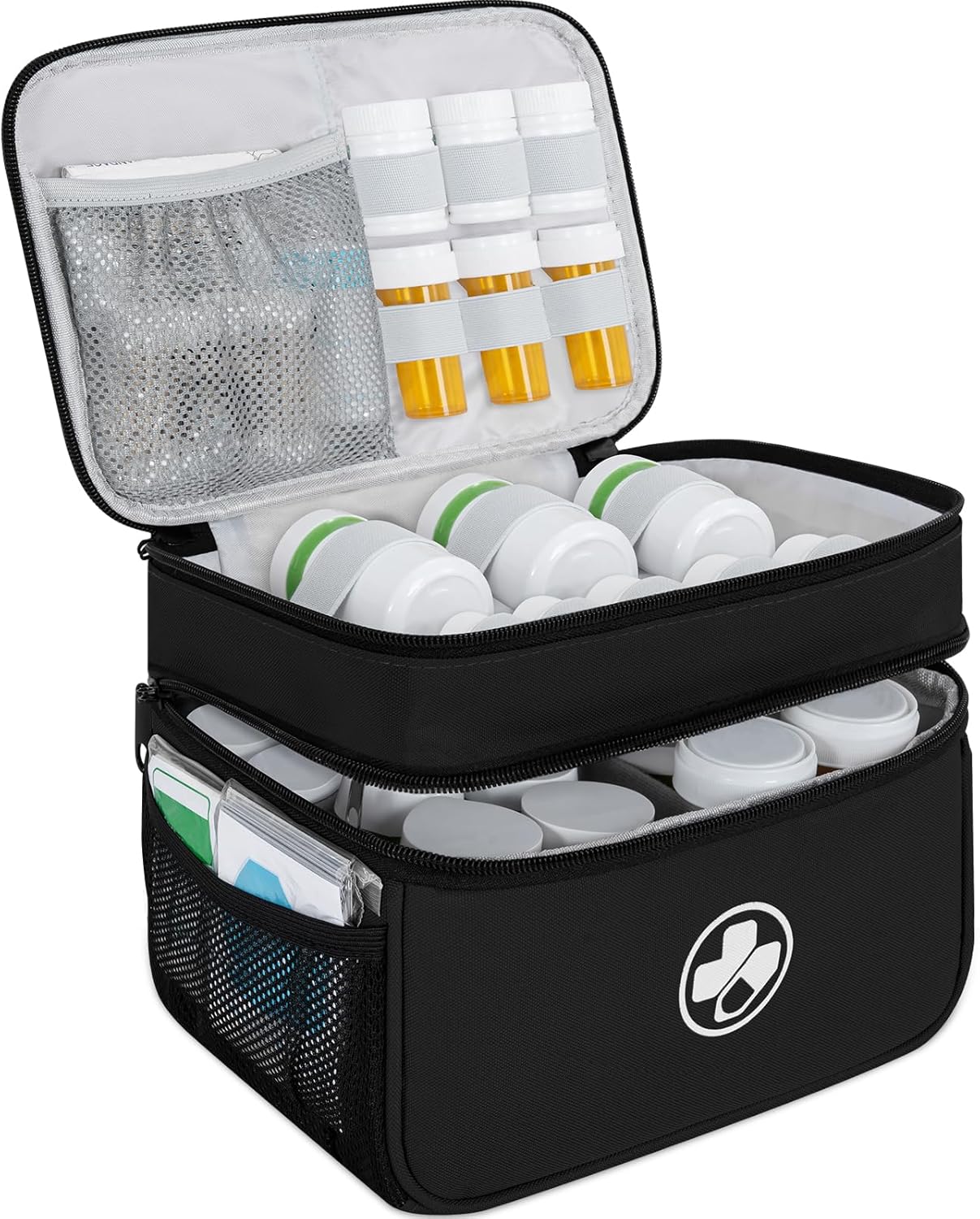 Dual Layers Medicine Organizer Bag, Pill Bottle Organizer Storage with Lockable Zipper, Lockable Medicine Travel Case for Pills, Vitamins, Medical Supplies, Black（Lock Not Included）