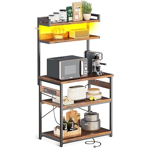 ODK Bakers Rack with Power Outlet, Coffee Bar with Storage 5-Tiers, Microwave Stand Kitchen Rack 16.5 * 31.5 * 59 inches, Kitchen Shelf, Rustic Brown
