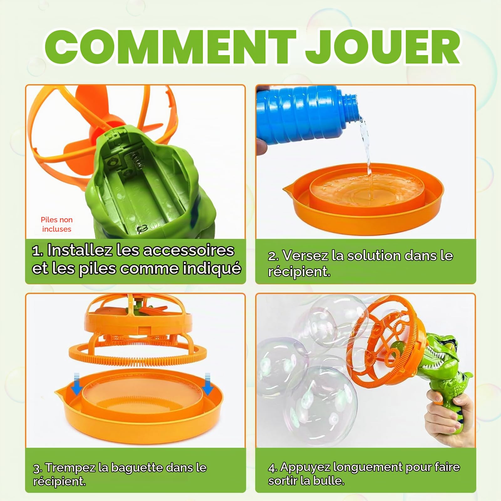 Acheter Pistolets à bulles, machine à bulles de dinosaure avec 1 bouteille de liquide à bulles de 250 ml pour enfants, souffleur de bulles, blaster à bulles, cadeaux de fête