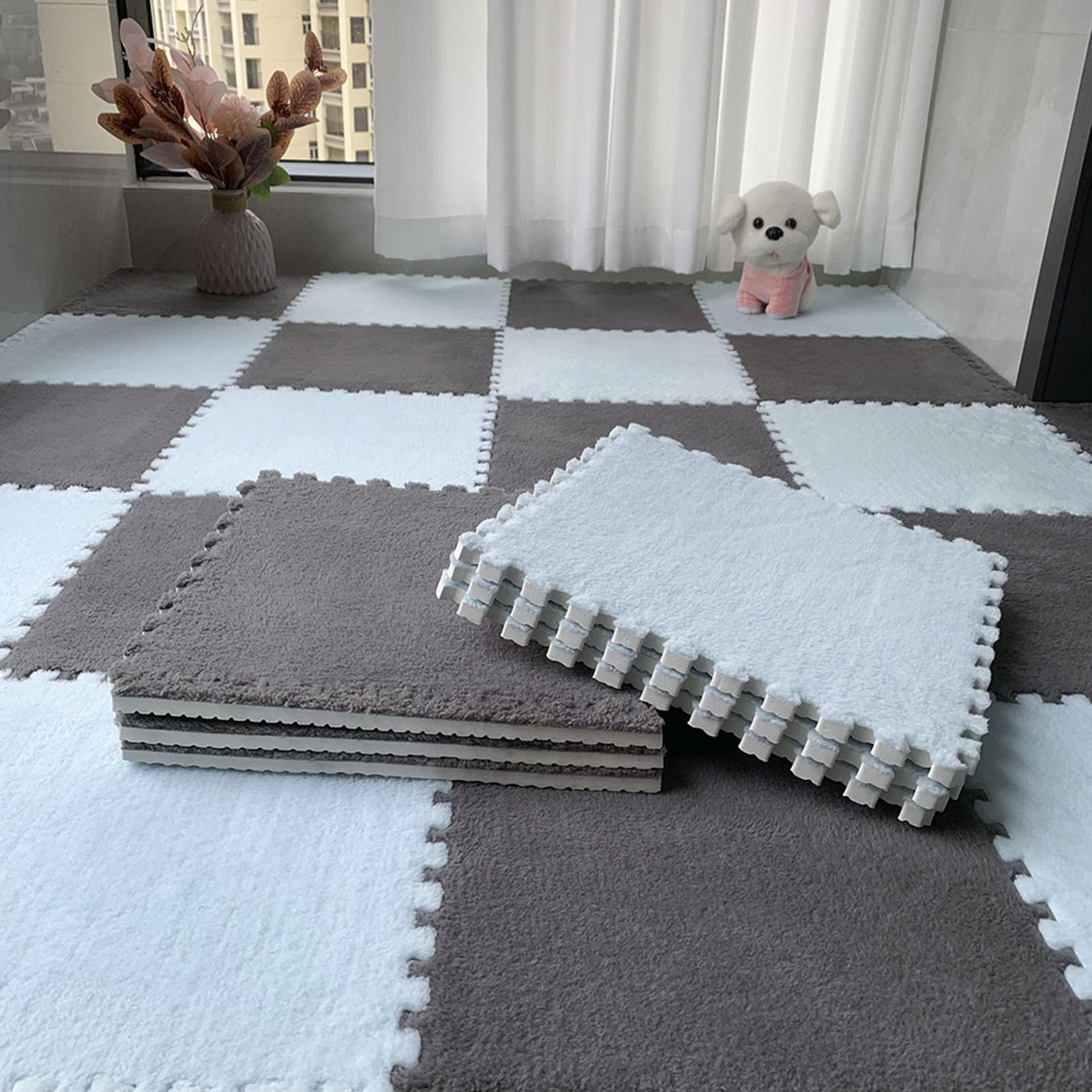 Tappeto ad Incastro Splice, 24 Pezzi, Tappeto ad Incastro a Puzzle, Tappetino in Schiuma di Peluche, Tappeto ad Incastro Quadrato, Tappeto in Schiuma per Gattonare in Cam,Gray+Blue