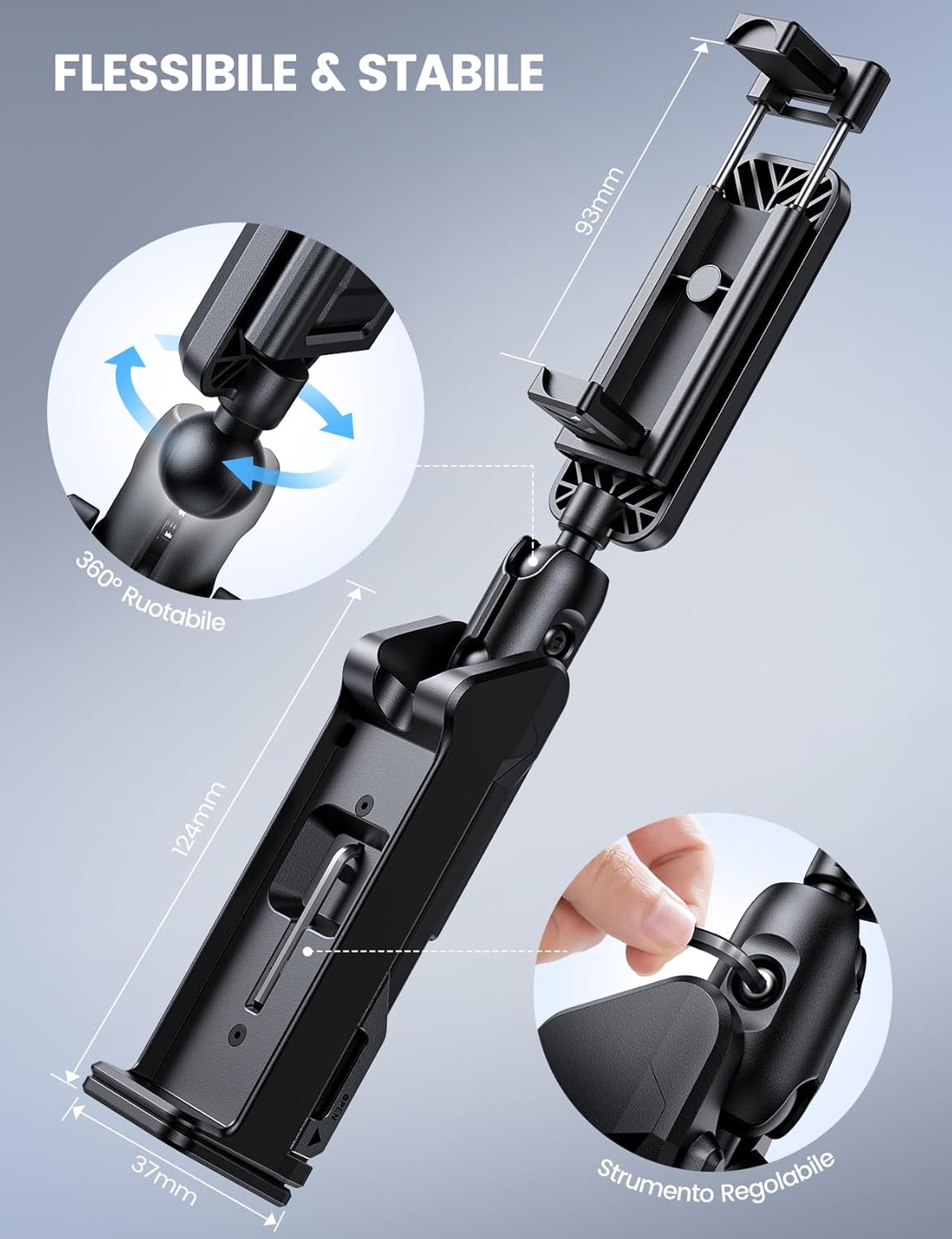 Detallada view of the Lamicall phone holder showing its 360 degree rotation and adjustment tool.