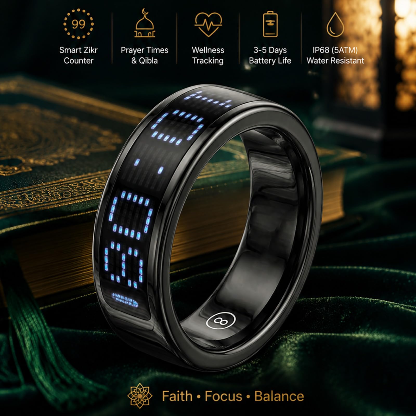 Contatore digitale indossabile con display touch, sincronizzazione dati benessere, custodia di ricarica per preghiera fitness adulti conteggio touch indossabile benessere dati app sincronizzazione