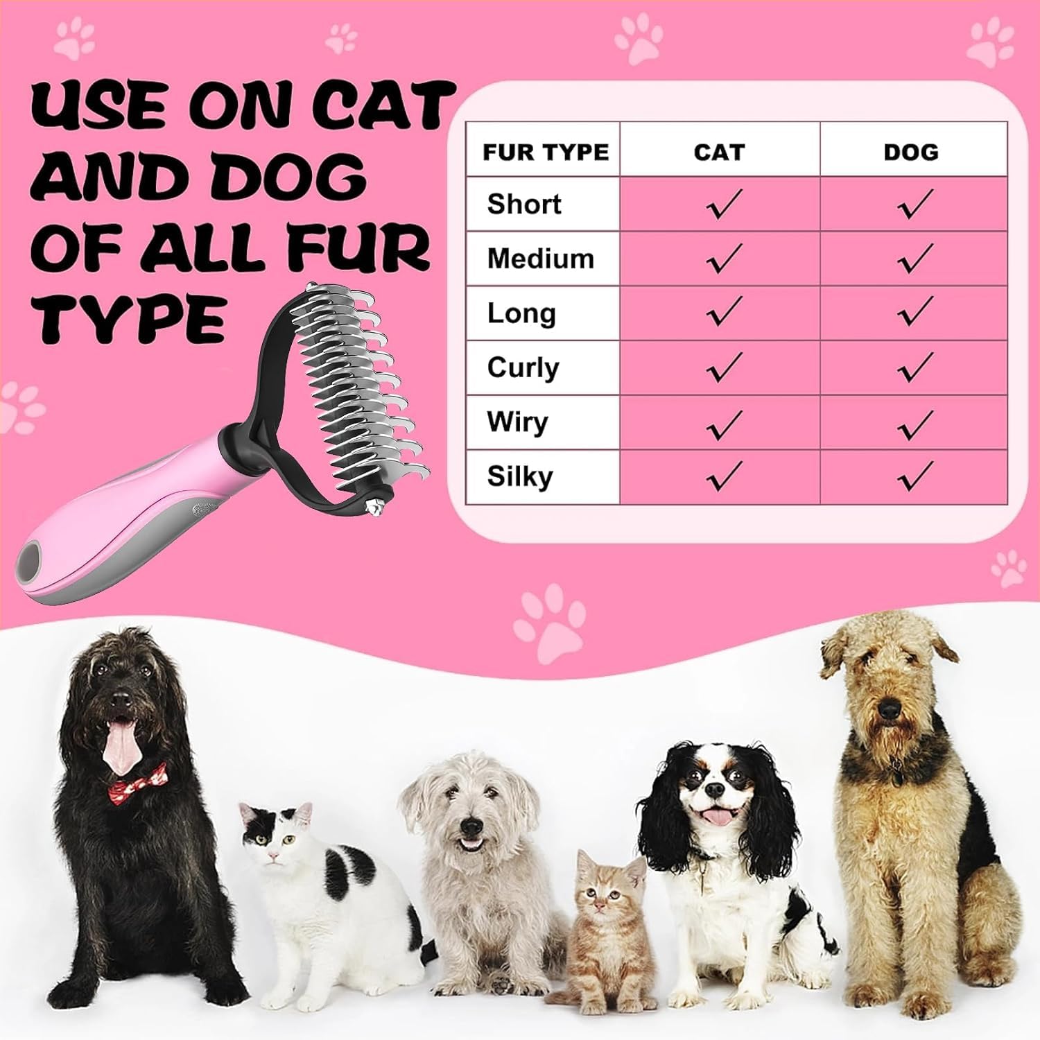 Spazzola per Cani Pelo Lungo, Spazzola Gatto Deshedding Brush Animali Acciaio Inossidabile Doppia Faccia Strumento di Deshedding Animali per Cane/Gatto Pelo Lungo, Medio e Corto (Pink)