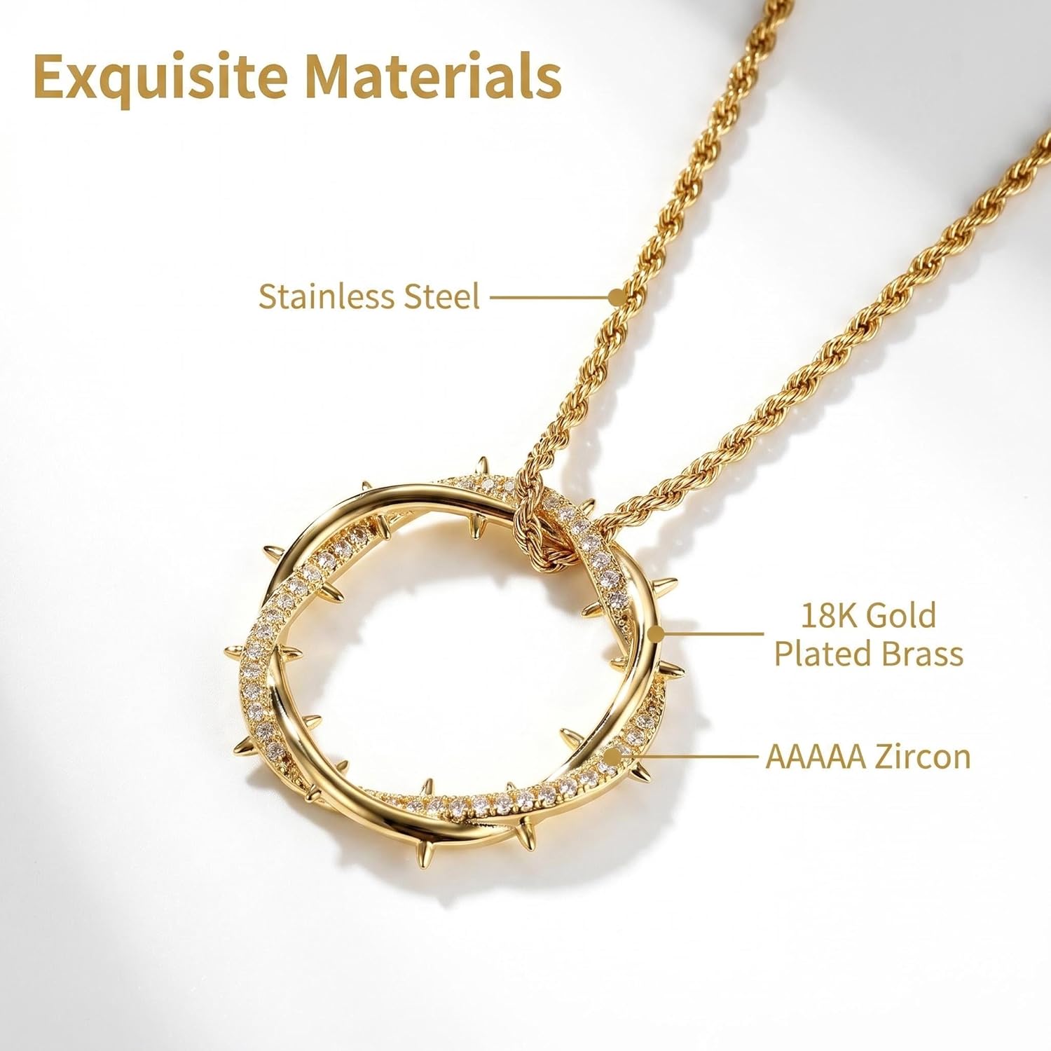 Men's Thorn Crown Pendant Necklace, 18K Gold/Silver Plated, Premium Brass 5A Zircon, 24 Inch Twist Chain, Fashion Hip Hop Jewelry, Gift for Him