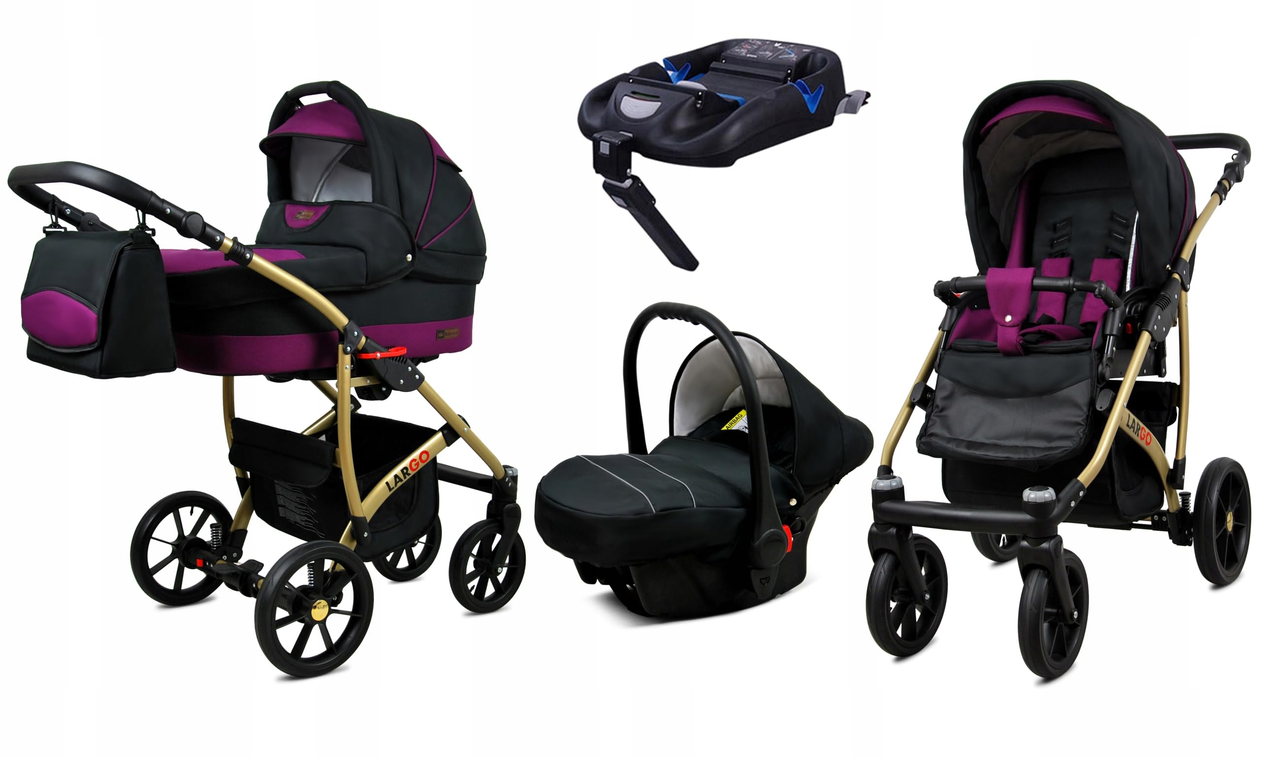 BabyLux Zestaw wózków dziecięcych 4 w 1 – Largo – w zestawie wanienka dla niemowląt, fotelik sportowy, fotelik samochodowy, stacja bazowa ISOFIX – fotelik samochodowy – zestaw wózków dziecięcych