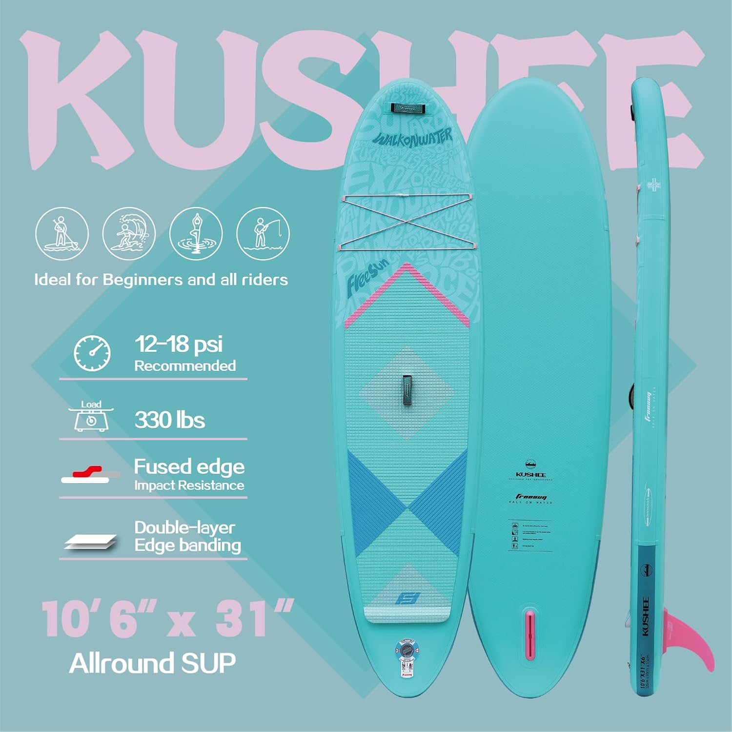 FREESUN KUSHEE 10’6” x 31” Inflatable Stand Up Paddle Board, All-Around iSUP for Beginners & Adults, Glue-Free Heat-Fusion Tech for Extra Durability, Stable Wide Nose, Lightweight Blow Up SUP