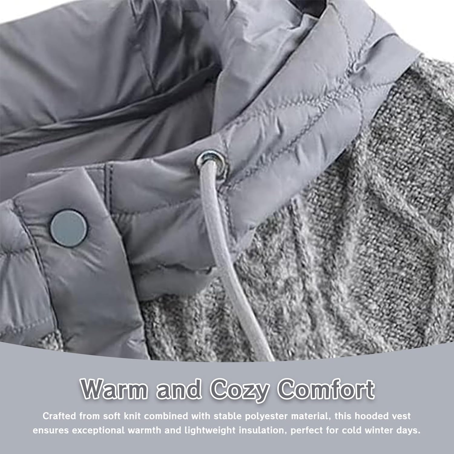 Hooded Vest for Women, Quilted Knit Puffer Back Sleeveless Jacket, Lightweight Warm Winter Vest