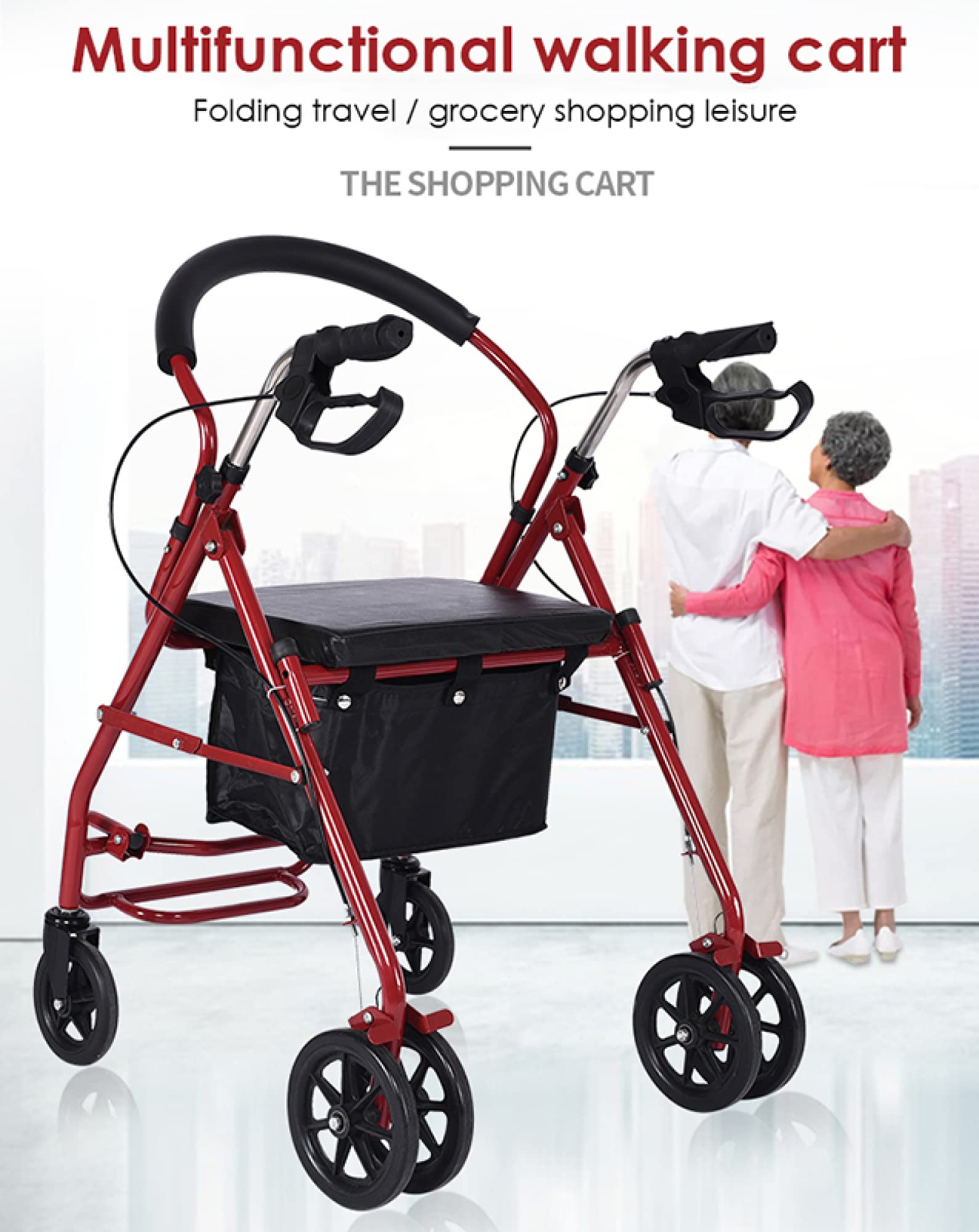Andador con ruedas con asiento y ruedas - Andador vertical ligero de 6 ruedas con bolsa de almacenamiento/altura ajustable para personas mayores, carga hasta 264 libras/Black
