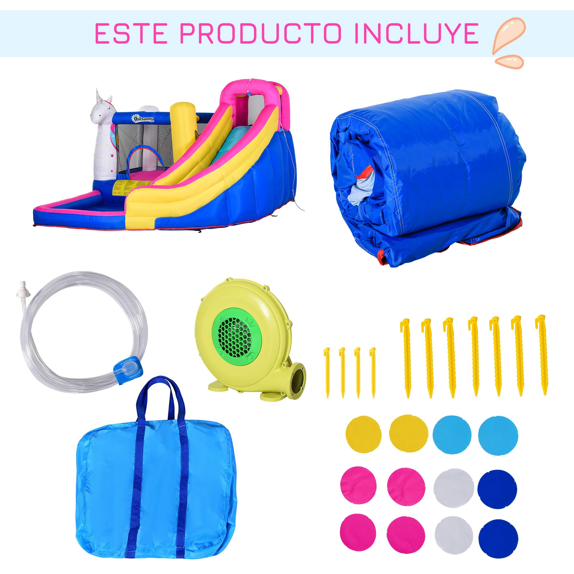 Outsunny Castillo Hinchable para Niños Castillo Inflable Infantil en Forma de Unicornio Parque Acuático con Tobogán Piscina Cama de Salto Inflador y Bolsa de Transporte 360x305x210 cm para 3-8 Años