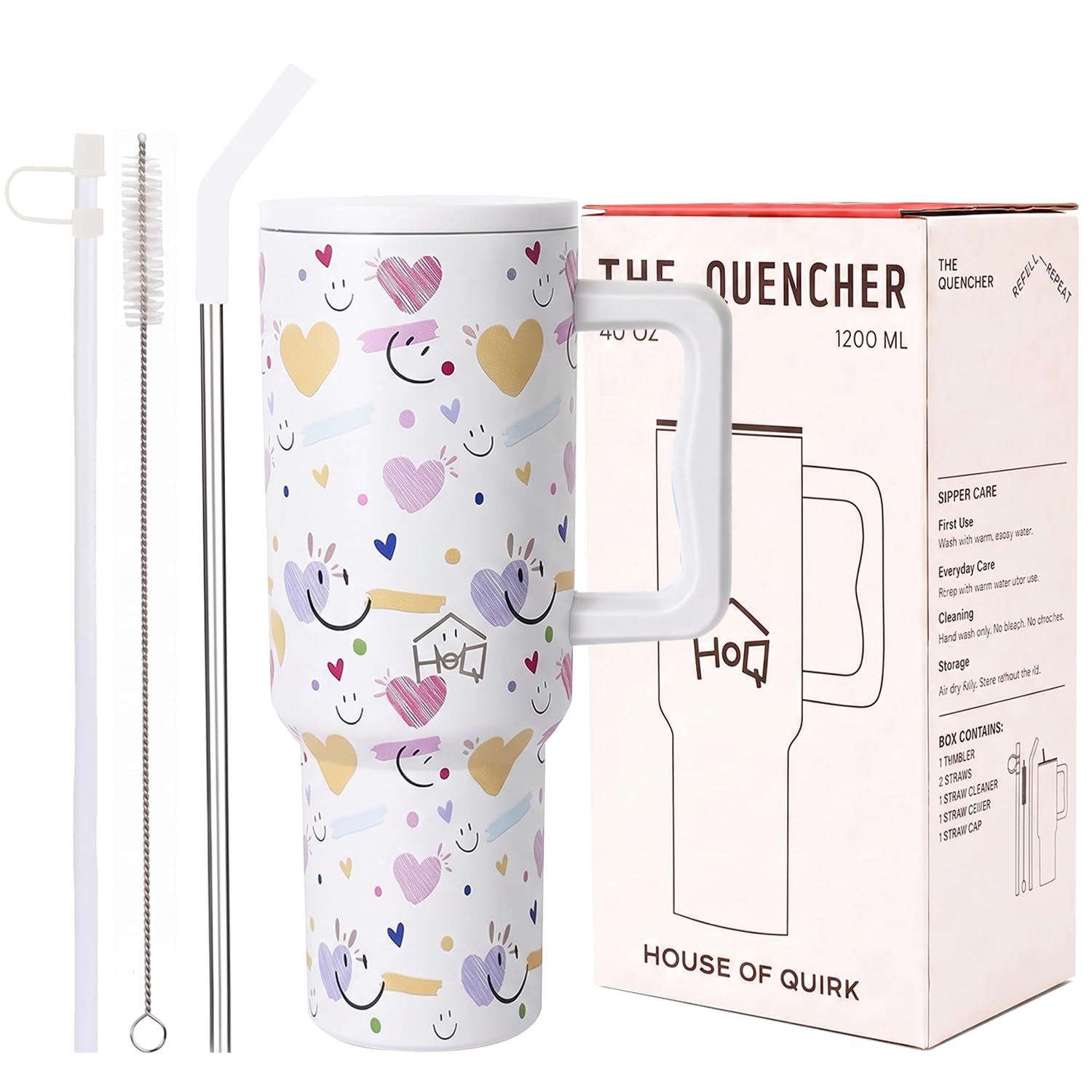 House of Quirk 1200ML Stainless Steel Tumbler with Handle & Lid, 2 Straws – Large Travel Mug Water Cup for Gym, Office & Outdoor Use (White Heart)