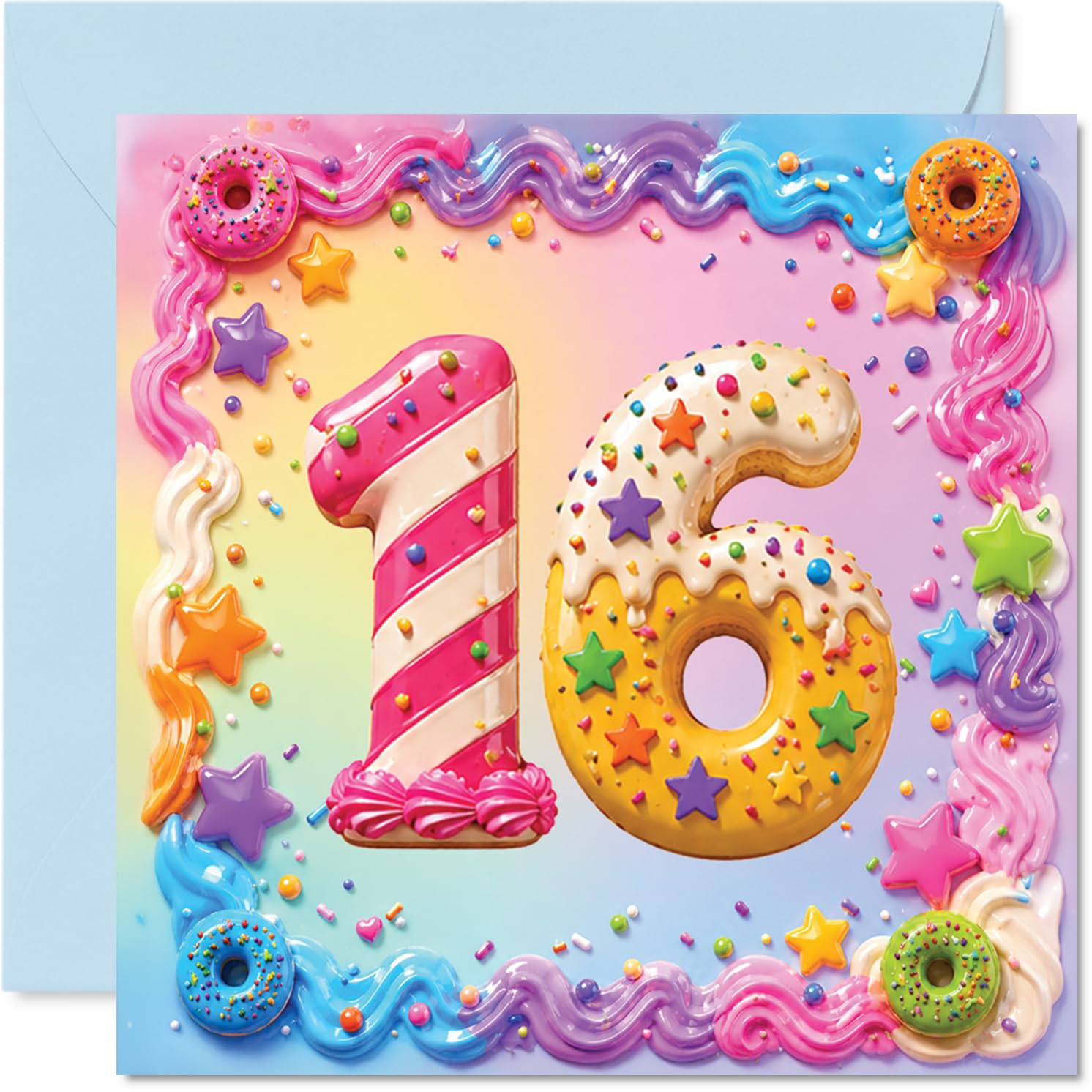 Milestone 16th Birthday Card - Sweet 16 Celebrations Start Here - Colourful Number 16 Made from Doughnuts, Sprinkles and Stars - 145mm Square, Envelope Included