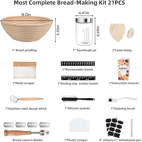Miniatura 2 de Roemey Cesta redonda de 9 pulgadas, suministros para hornear de masa madre con tarro básico de masa madre de 33.8 fl oz, kit de inicio de masa madre