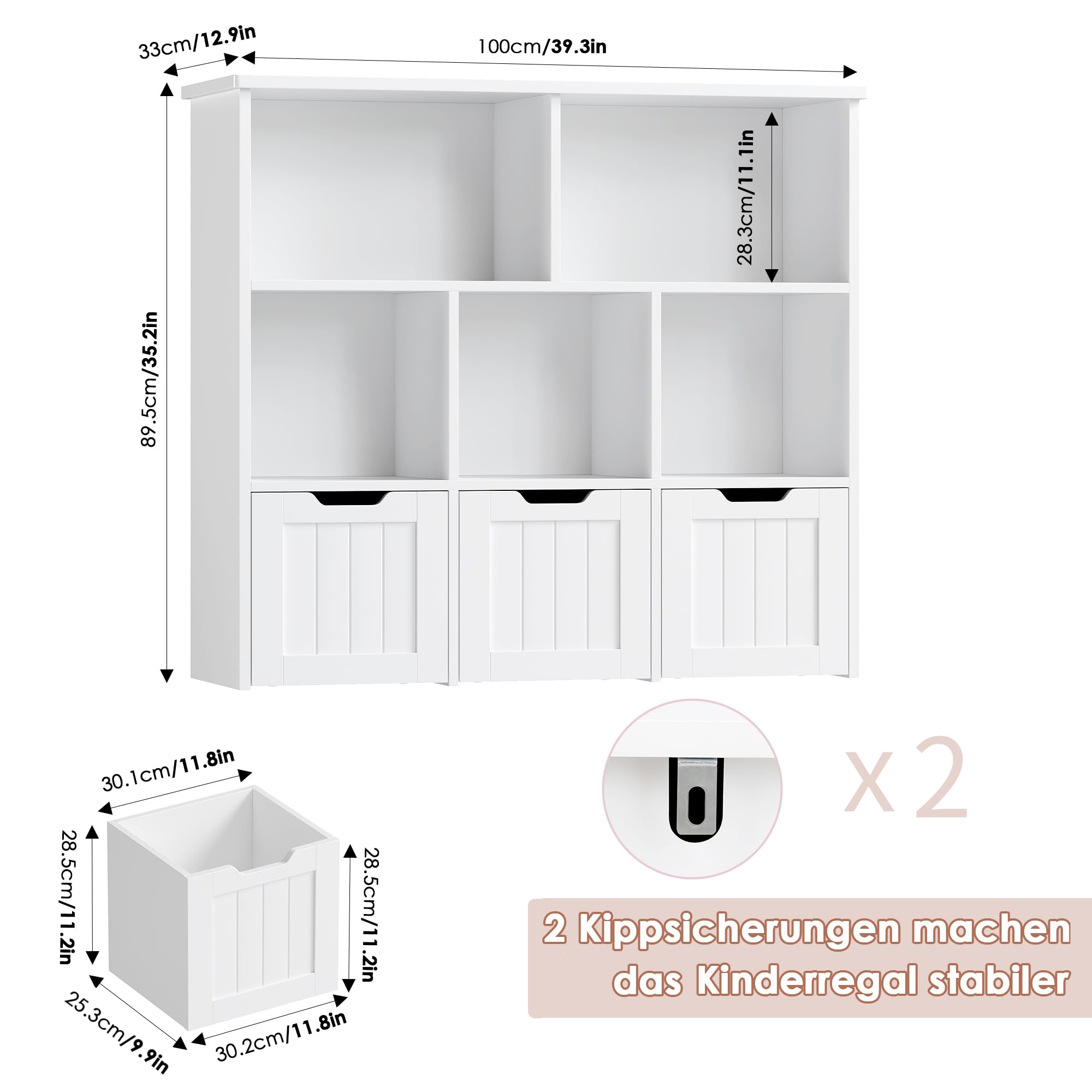 FOREHILL Kinderregal mit Boxen auf Rollen, Kinderzimmer Möbel, Spielzeugregl, Aufbewahrungregal,Bücherregal für Kinder, Kinderschrank, Regal mit 3 Boxen 100x33x89.5cm weiß