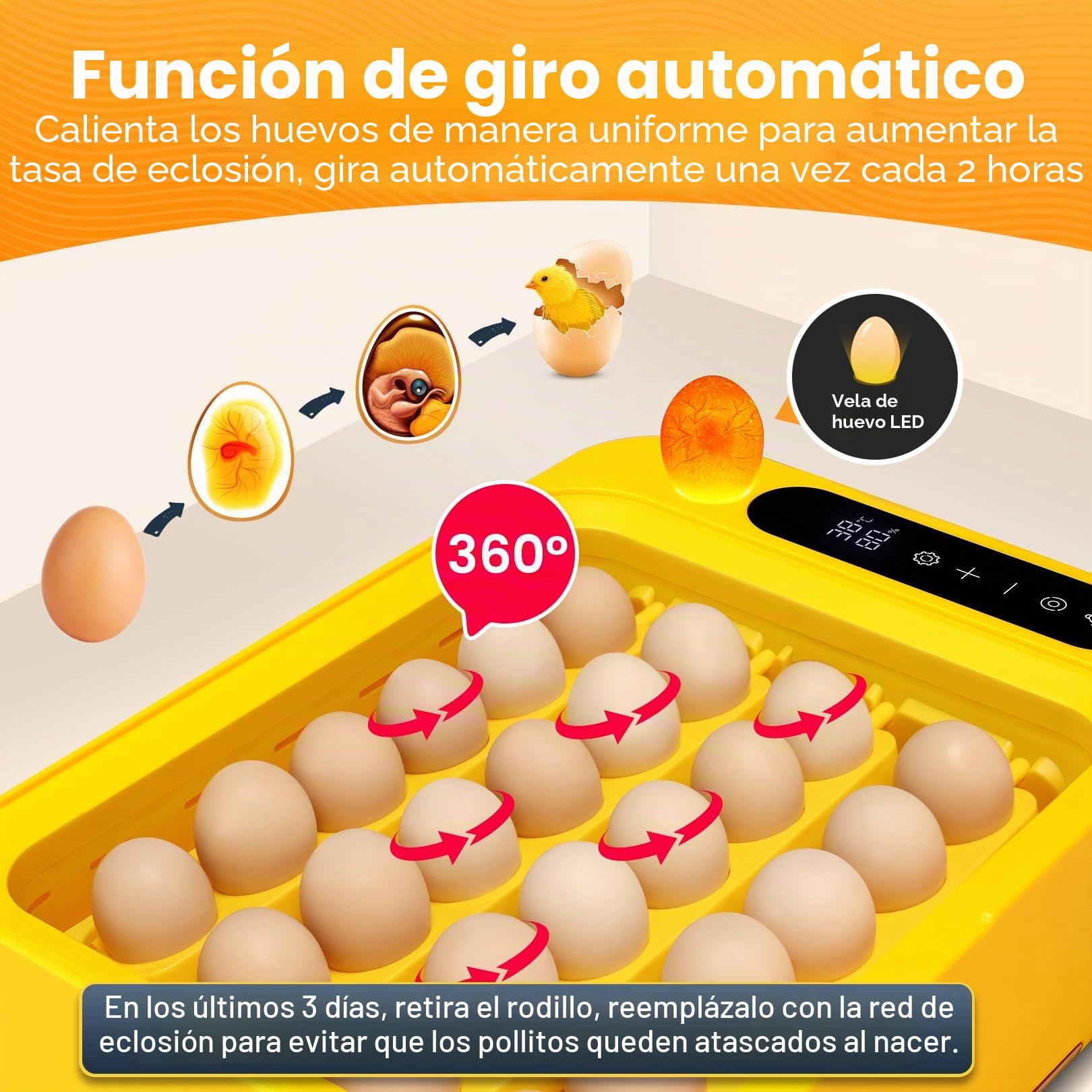 Sailnovo - 24 incubadoras para pollos, otras aves + 20 huevos + incubadora totalmente automática + control de temperatura + indicador de humedad + adición de agua externa- amarillo