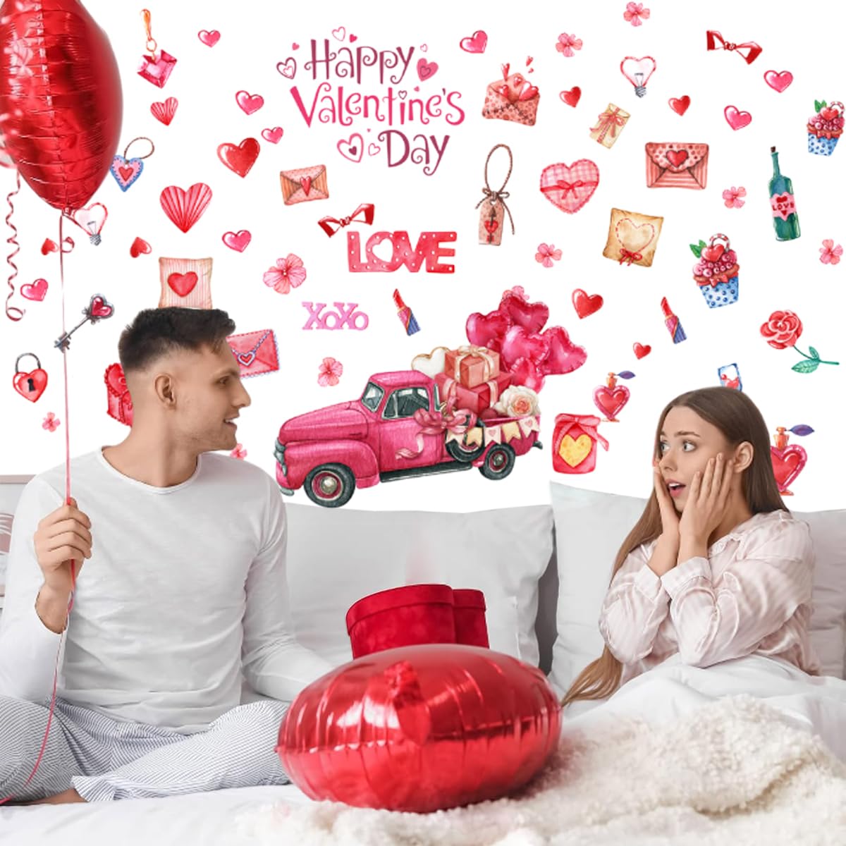Pink Valentine's Day Wall Decals - Heart Balloon Truck & Love Lock Stickers, Self-Adhesive - View #5