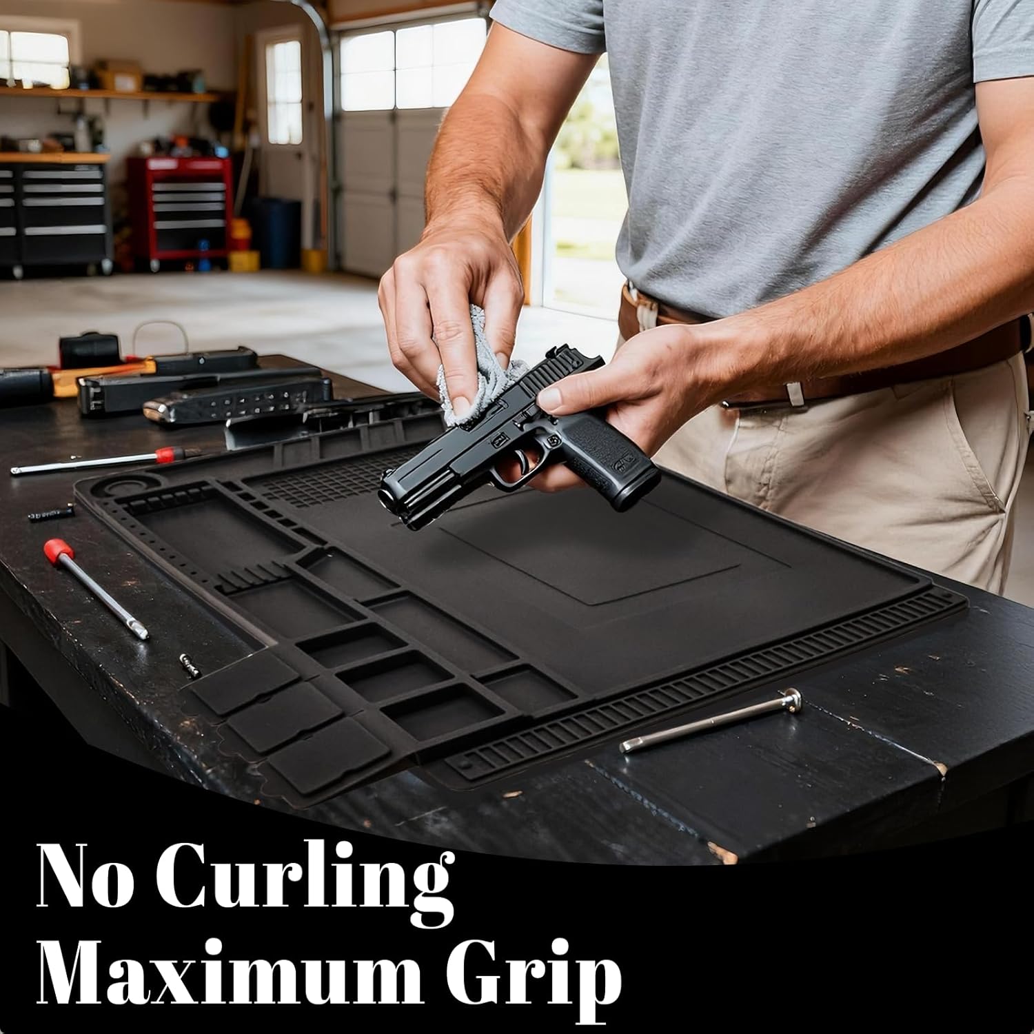 Gun Cleaning Mat, Thickened Magnetic Gun Mat with Organizer Parts Tray and Ruler, Anti-Slip Rubber Pistol Cleaning Mat, Protective Workbench Mat for Glock Cleaning