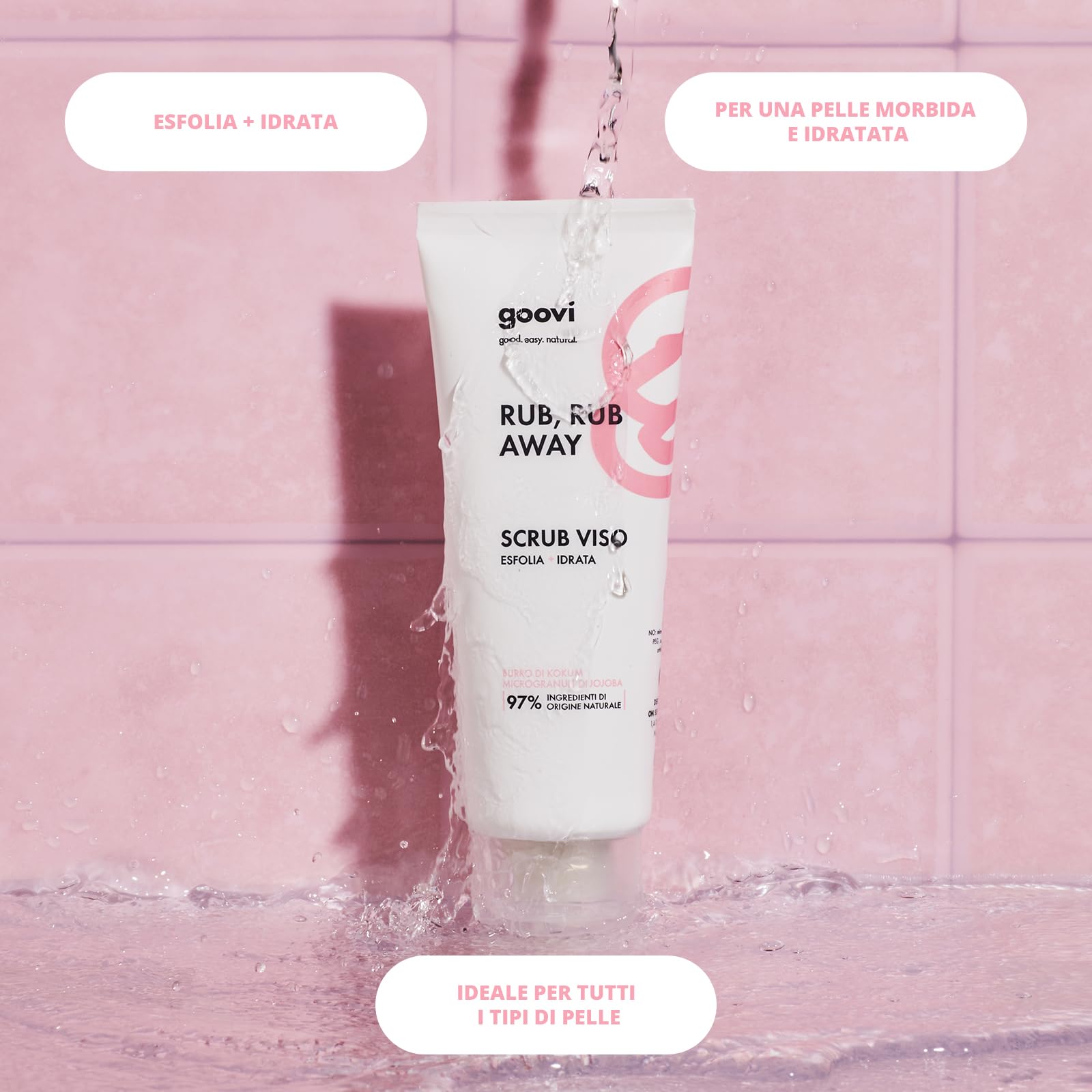 Goovi, Rub Rub Away Scrub Viso Delicato, Esfoliante e Idratante con Burro di Kokum e Olio di Cotone Antiossidante e Rigenerante, Formula con Microgranuli di Jojoba Effetto Peeling, Formato da 75 ml