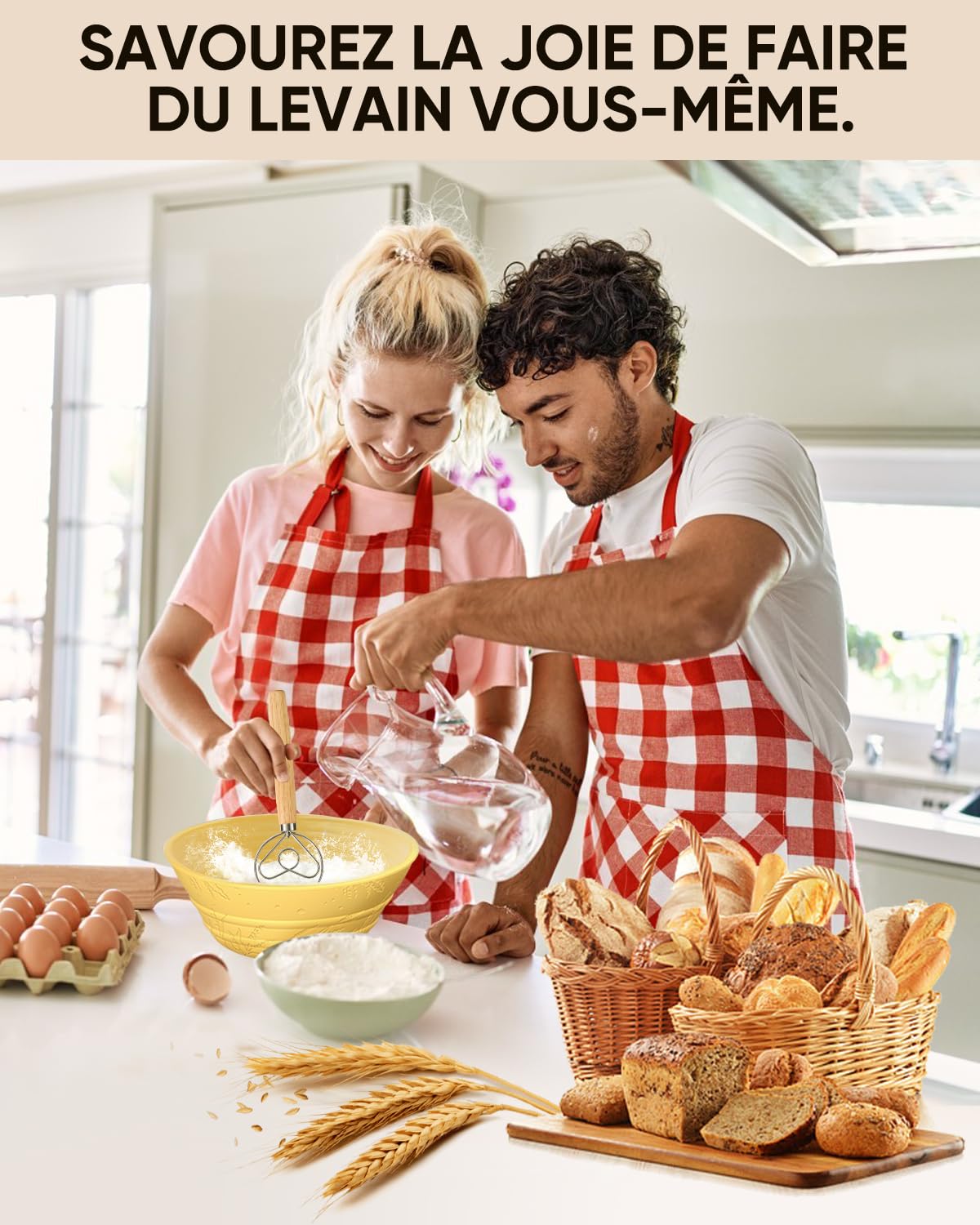 Banneton pour Pain,2 Corbeille a Pain set en Silicone Ovale et Rond,1000ml Bocal de Fermentation,Kit de Démarrage de Sourdough