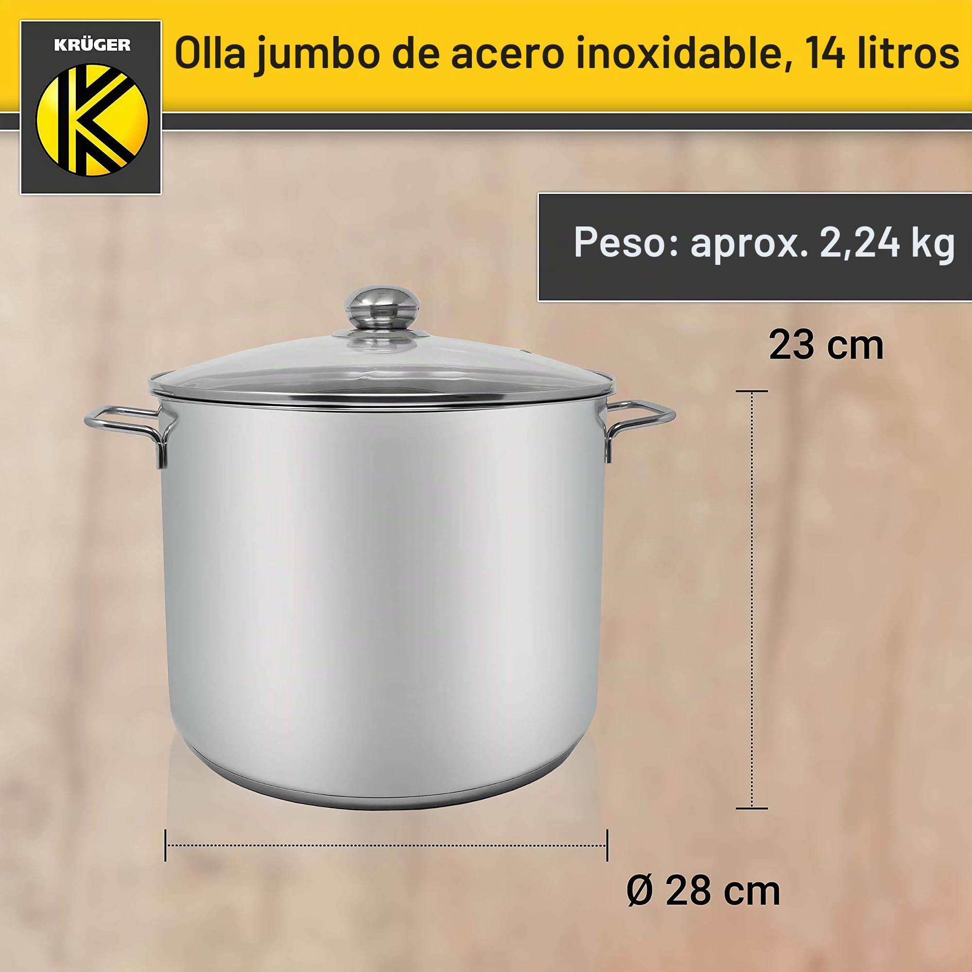 Krüger Olla grande de acero inoxidable con tapa para cocinar a la vista, base de cápsula de bajo consumo y asas de metal frío, ideal para fiestas, fiestas y uso diario (14 litros)