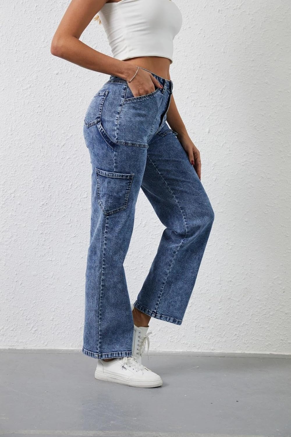 Sweezarmo Women's Cargo Jeans High Waisted Solid Color Denim Casual Stretch Elastic Waist Joggers with Pocket - Image 3