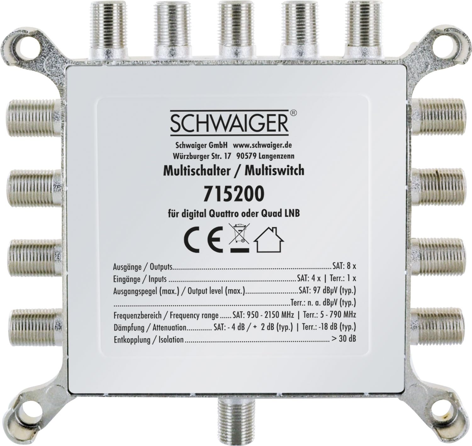 SCHWAIGER 5200 Distribuidor Sat Multiswitch Repartidor Sat de 8 vías Digital Distribuidor Sat Multiswitch de 8 vías con Fuente de alimentación Externa
