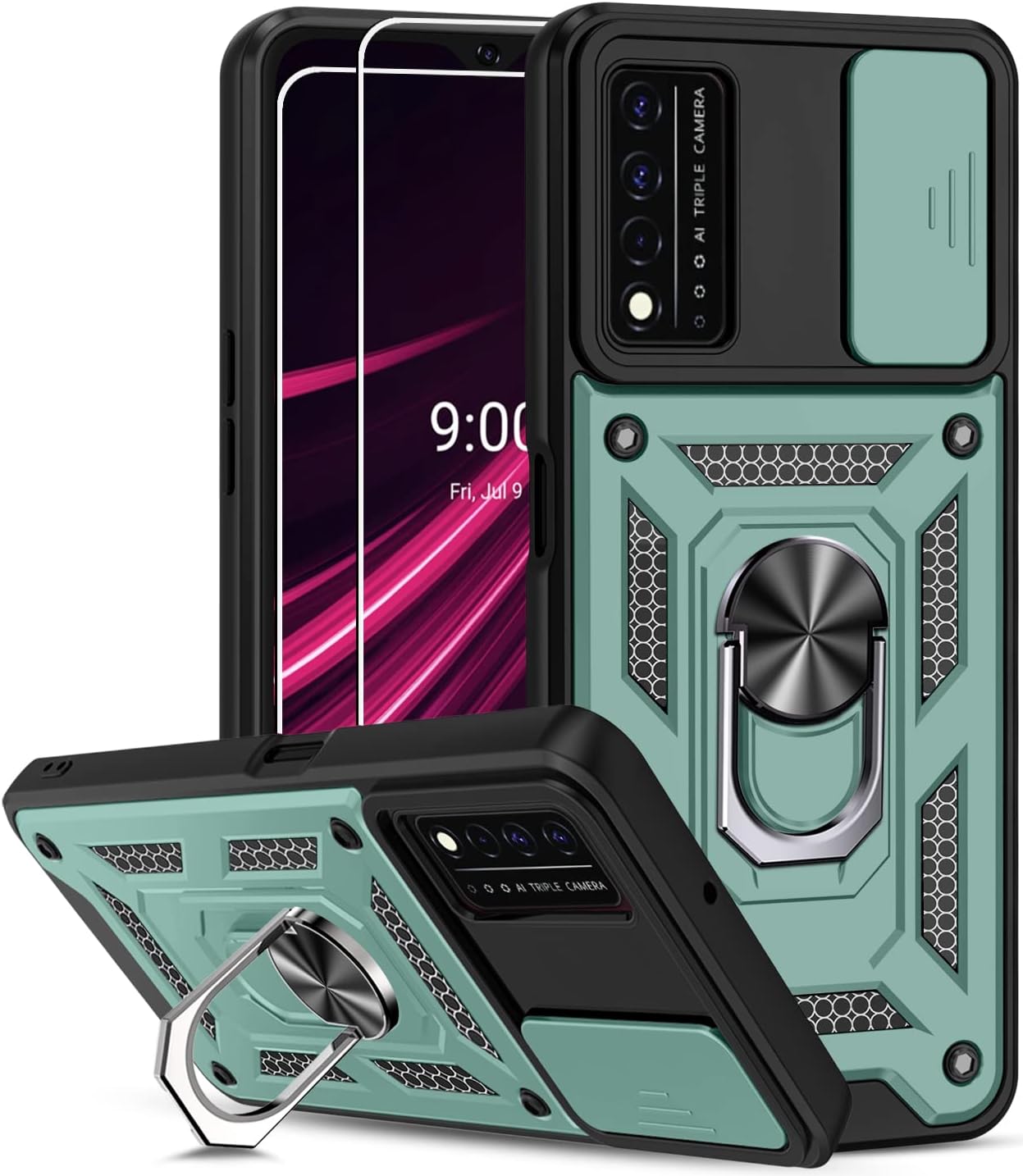 ONOLA T-Mobile Revvl V Plus 5G Case with 2Pack HD Screen Protector [Military Grade] 16ft. Drop Tested Cover with Magnetic Kickstand Car Mount Protective Case for T-Mobile Revvl V 5G (Kickstand-Green)