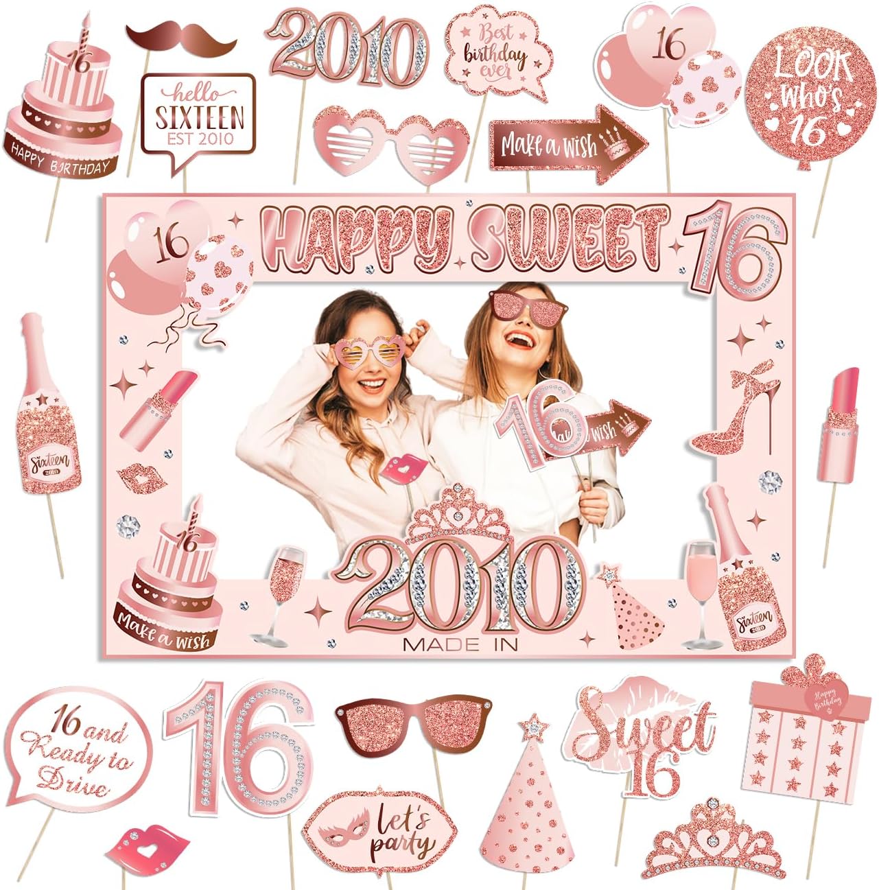 Sweet 16 Party Decorations for Girls, Sweet 16 Photo Booth Props Pink Rose Gold 16th Birthday Selfie Props with Photo Frame Kit Sweet Sixteen Happy Birthday Party Decorations Supplies Favors | Pink Rose Gold 16th Birthday Selfie Props with Photo Frame Kit Sweet Sixteen Happy Birthday Party Decorations Supplies Favors