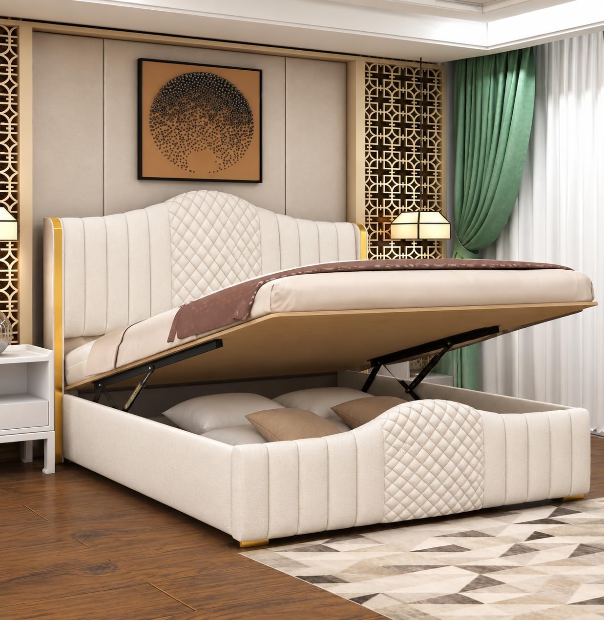Aesthetic crafts Hydraulic Bed Queen Size with Storage, Sheesham Wood Upholstered Wooden Double Bed, Queen Size Bed with Hydraulic Storage, Modern Platform Cot for Bedroom & Hotels, 6.5 x 5 Ft, White-image-0
