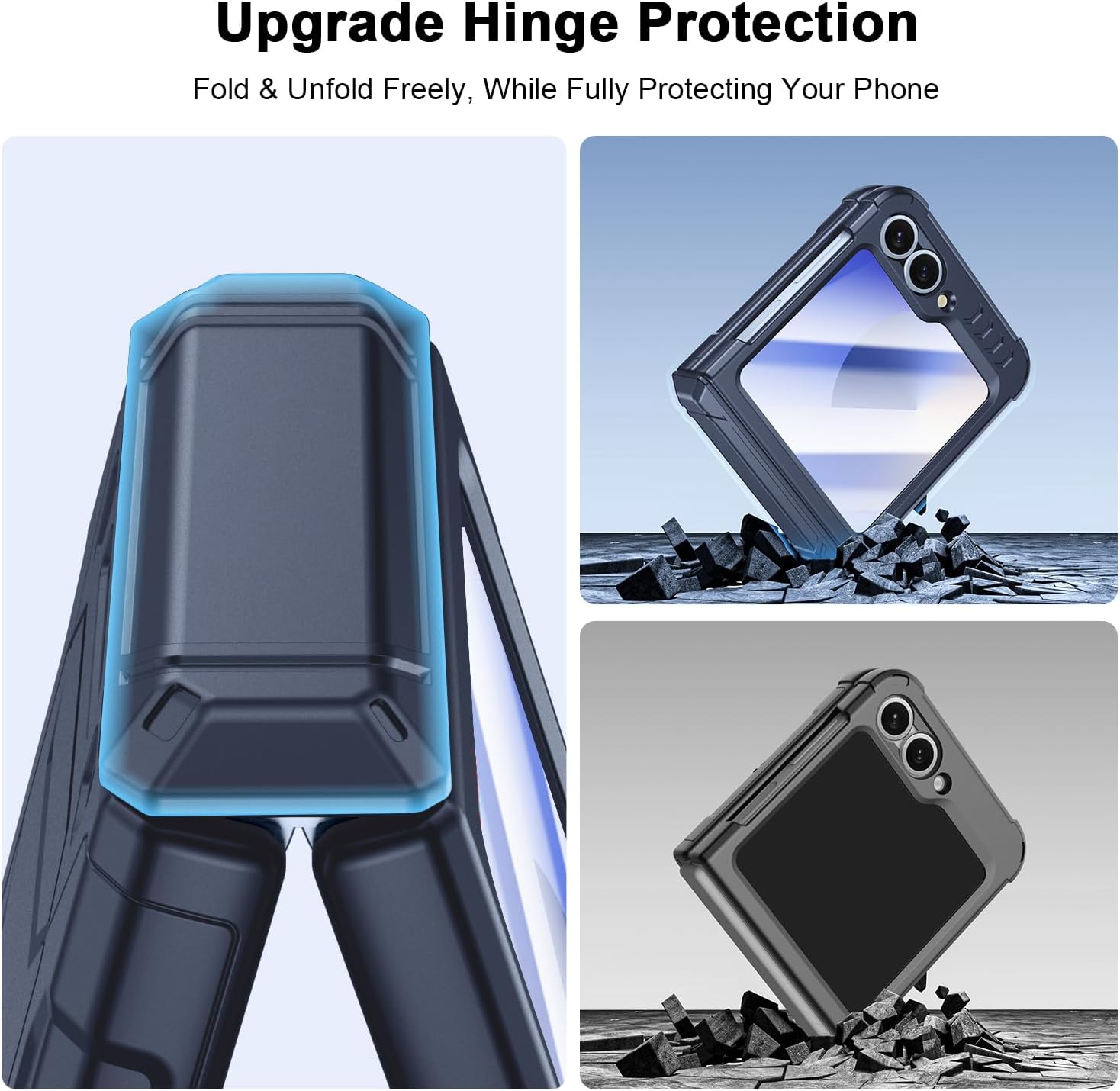 Military-Grade Protection ZFlip 6 / ZFlip 7 FE Case for Samsung Galaxy Z Flip 6 & Flip 7 FE: Shockproof TPU Frame, Hinge Protection, Glass Screen Protector, Anti-Slip Rugged Phone Cover (Dark Blue)