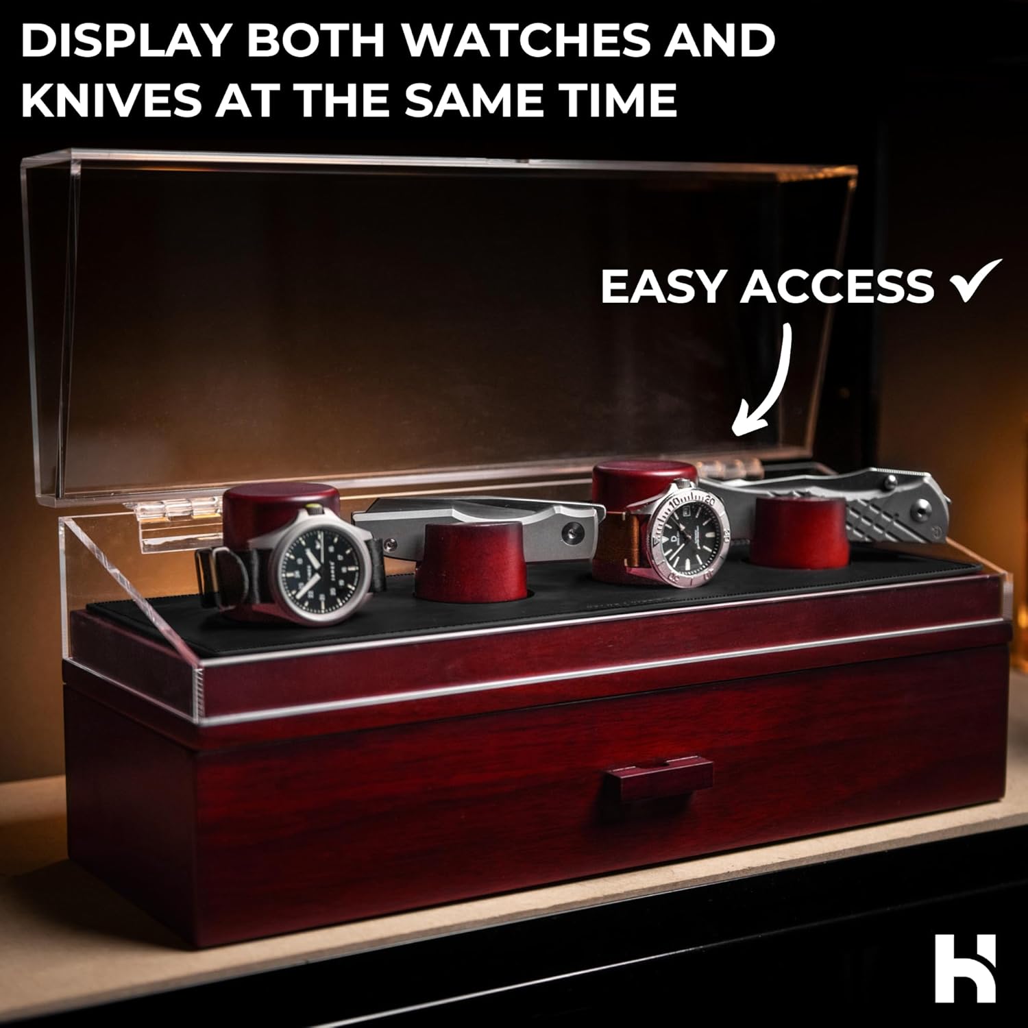 Watch & Pocket Knife Display Case – Switch Up Your Display with the Modular Pillars – Comes with Vegan Leather Padding andThe Combo Deck Pro – Christmas Gift for Men