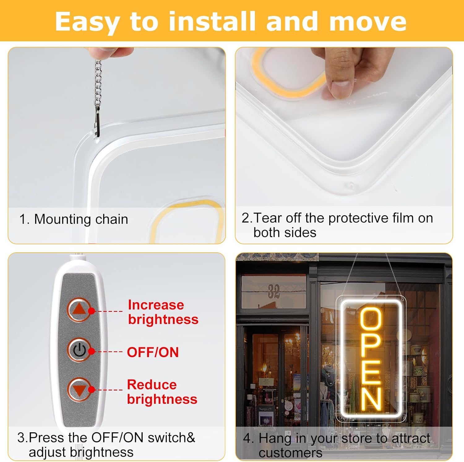 inShareplus 16"x 9" Super Bright Open Sign, Adjustable Brightness Neon Open Signs for Business Window, Powered by USB with ON/OFF, LED Open Sign for Coffee Shops, Stores, Restaurant Bar Hotel - Image 6