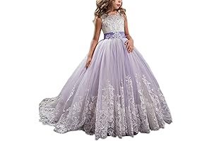 Princess Lilac Long Girls Pagent Dresses Kids Prom Puffy Tulle Ball Gown