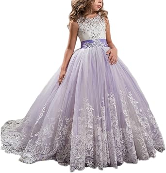 Princess Lilac Long Girls Pageant Dresses Kids Prom Puffy Tulle Ball Gown