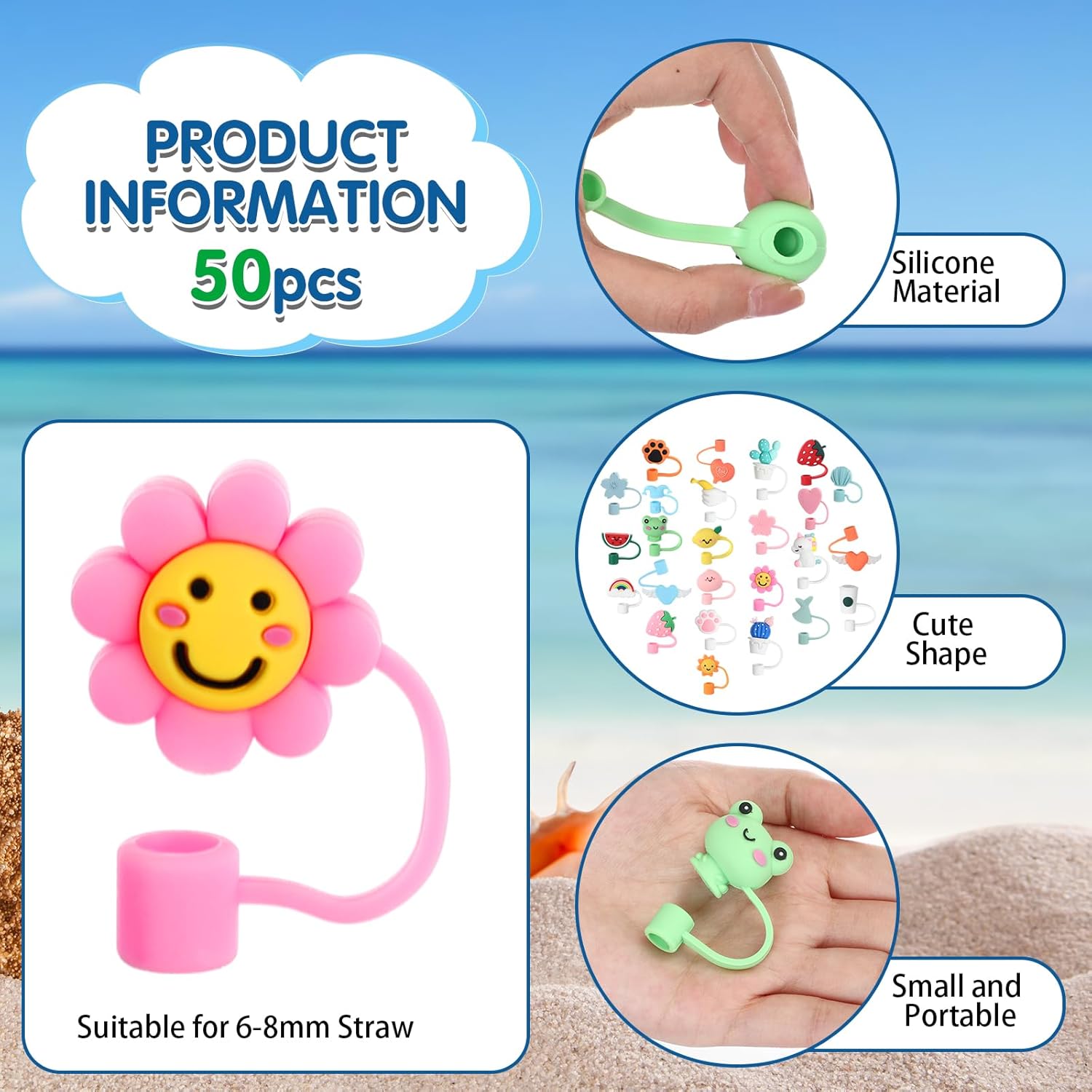 Dandat 50 Pcs Covers Cap Silicone Straw Tips Cover Reusable Cute Drinking Straw Toppers Adorable Dustproof Plugs for 6-8 mm, 25 Patterns - Image 2